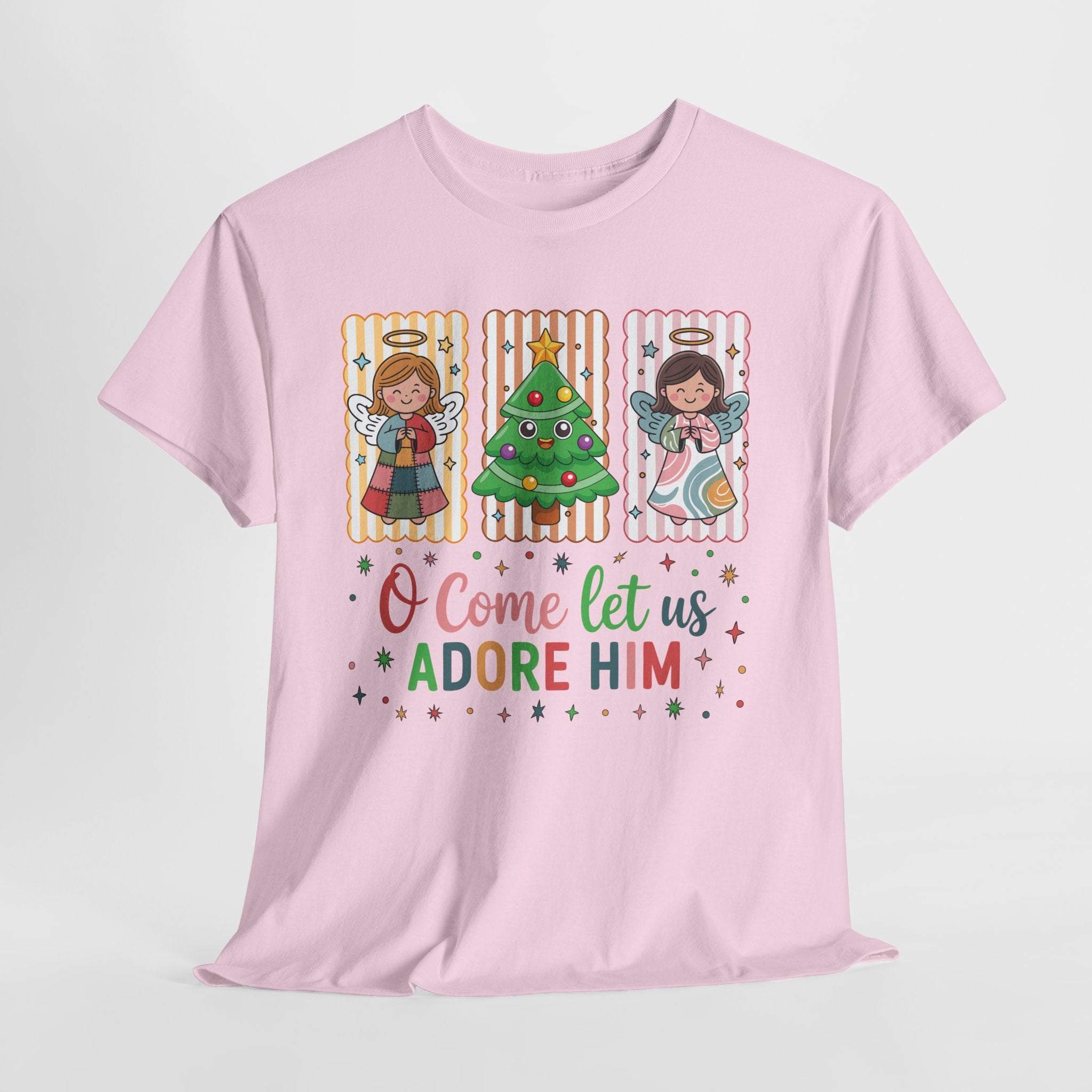 O Come Let Us Adore Him Christmas Tee — Smiling Angels & Happy Tree..Unisex Cotton Tee