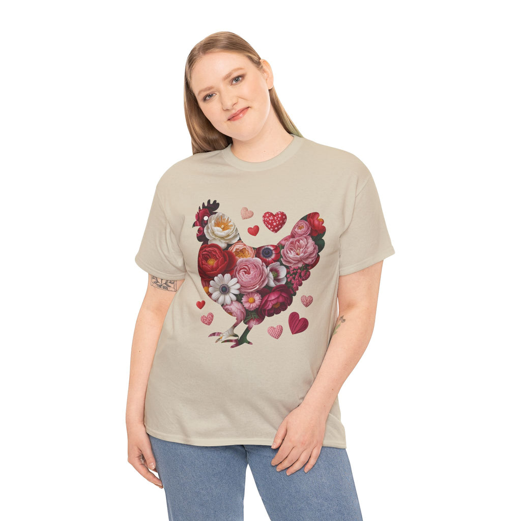 Floral Chicken Heart Tee — Red & Pink Flower Silhouette Unisex Cotton Tee