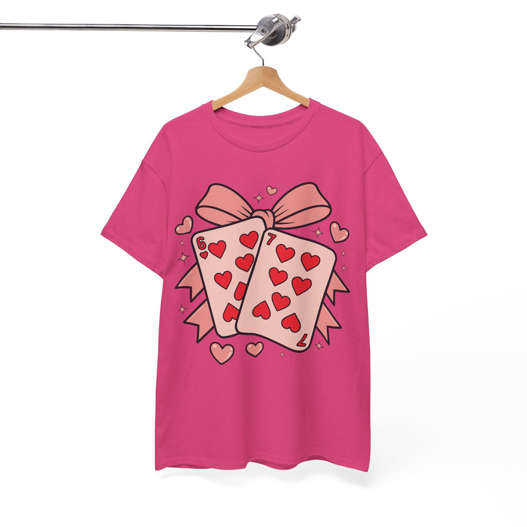 6 & 7 of Hearts T-Shirt — Paired Playing Cards with Pink Bow Unisex Cotton Tee