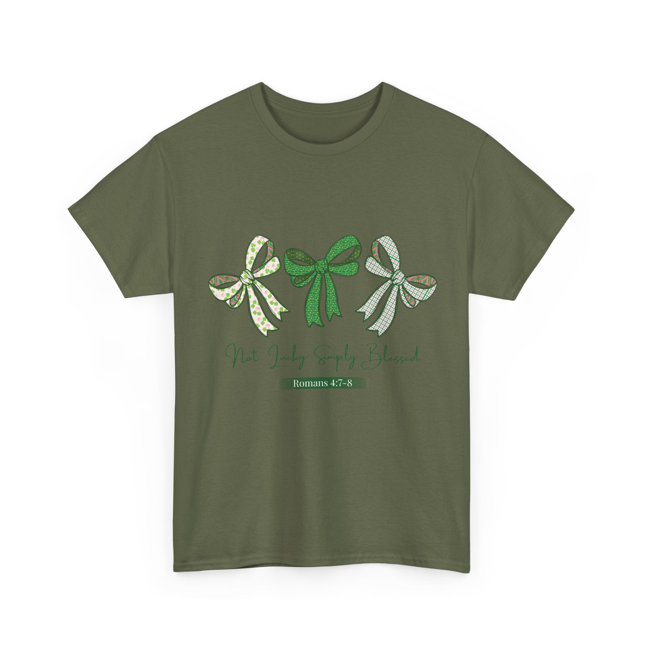 Not Lucky Simply Blessed Tee — Romans 4:7-8 Green Bow Christian Unisex Cotton T-Shirt