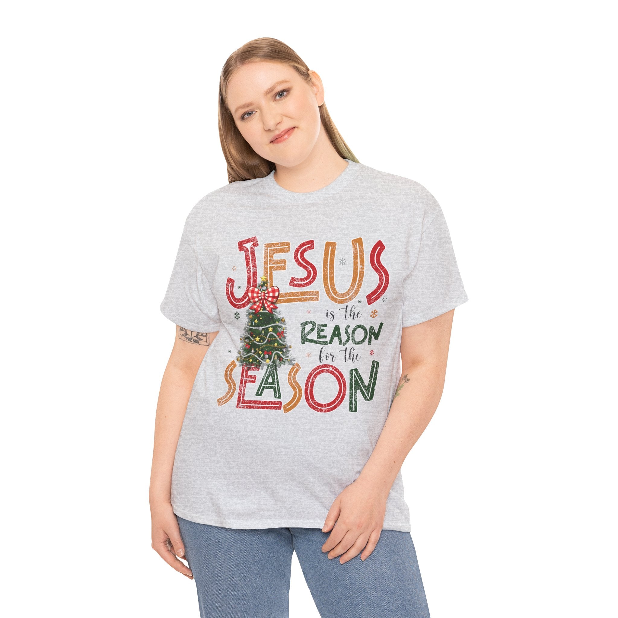 Jesus Is the Reason for the Season Christmas T-Shirt — Plaid Bow Tree..Unisex Cotton Tee