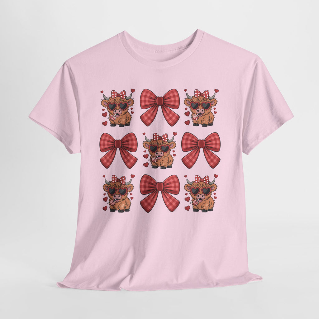 Valentine Cow Checkered Tee — Fluffy Cows with Heart Sunglasses & Red Bows..Unisex Cotton Tee