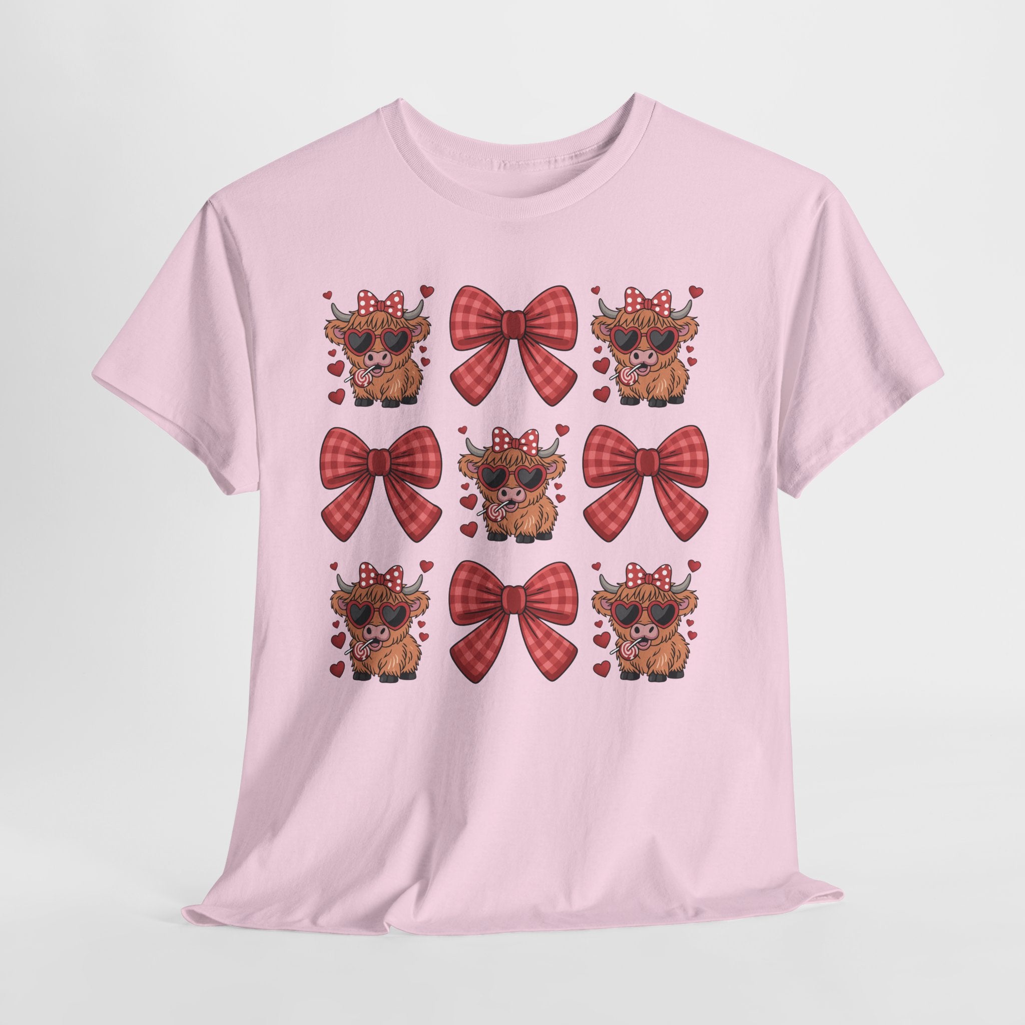 Valentine Cow Checkered Tee — Fluffy Cows with Heart Sunglasses & Red Bows..Unisex Cotton Tee