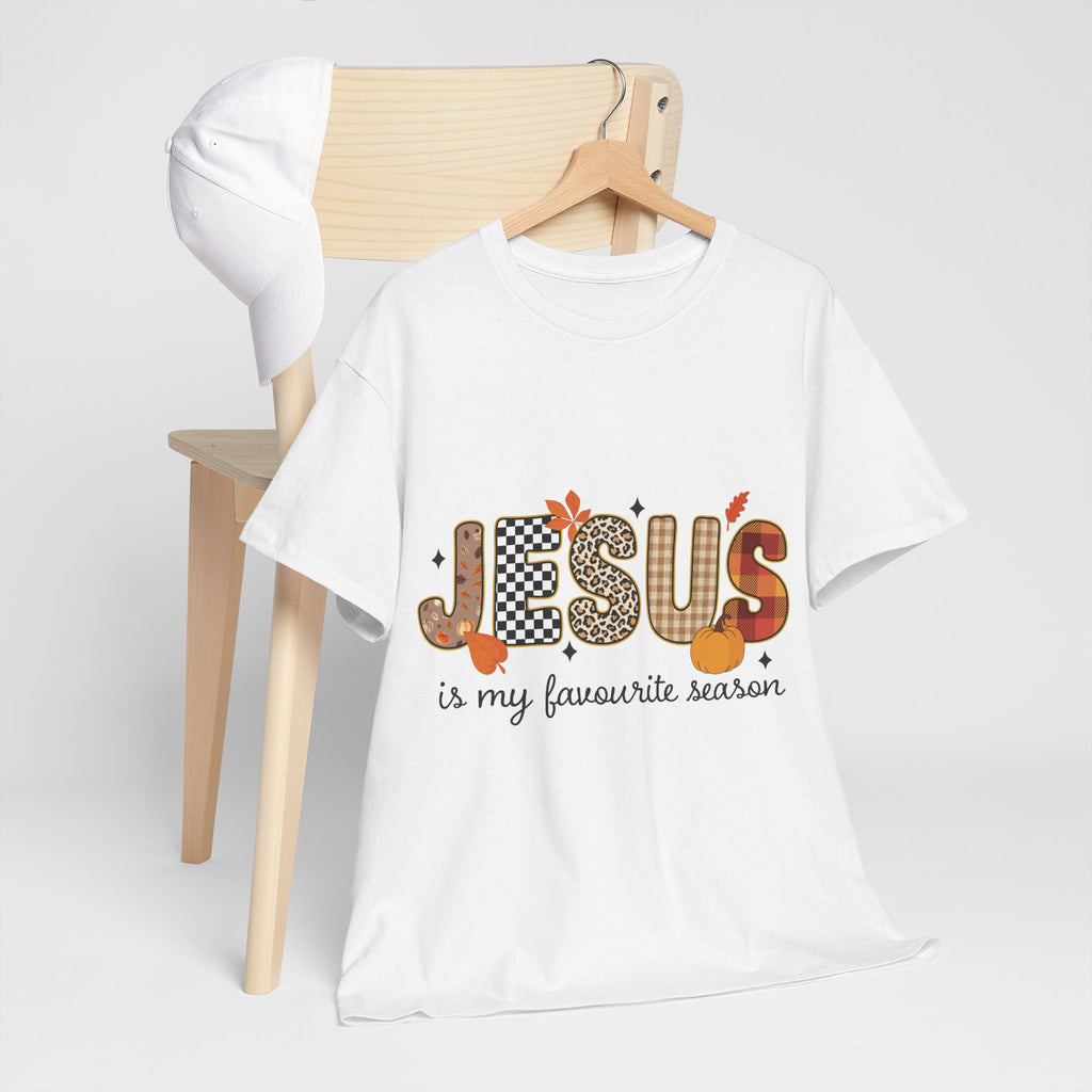 Jesus Is My Favorite Season Tee — Autumn Plaid & Leopard Lettering Unisex Cotton Tee