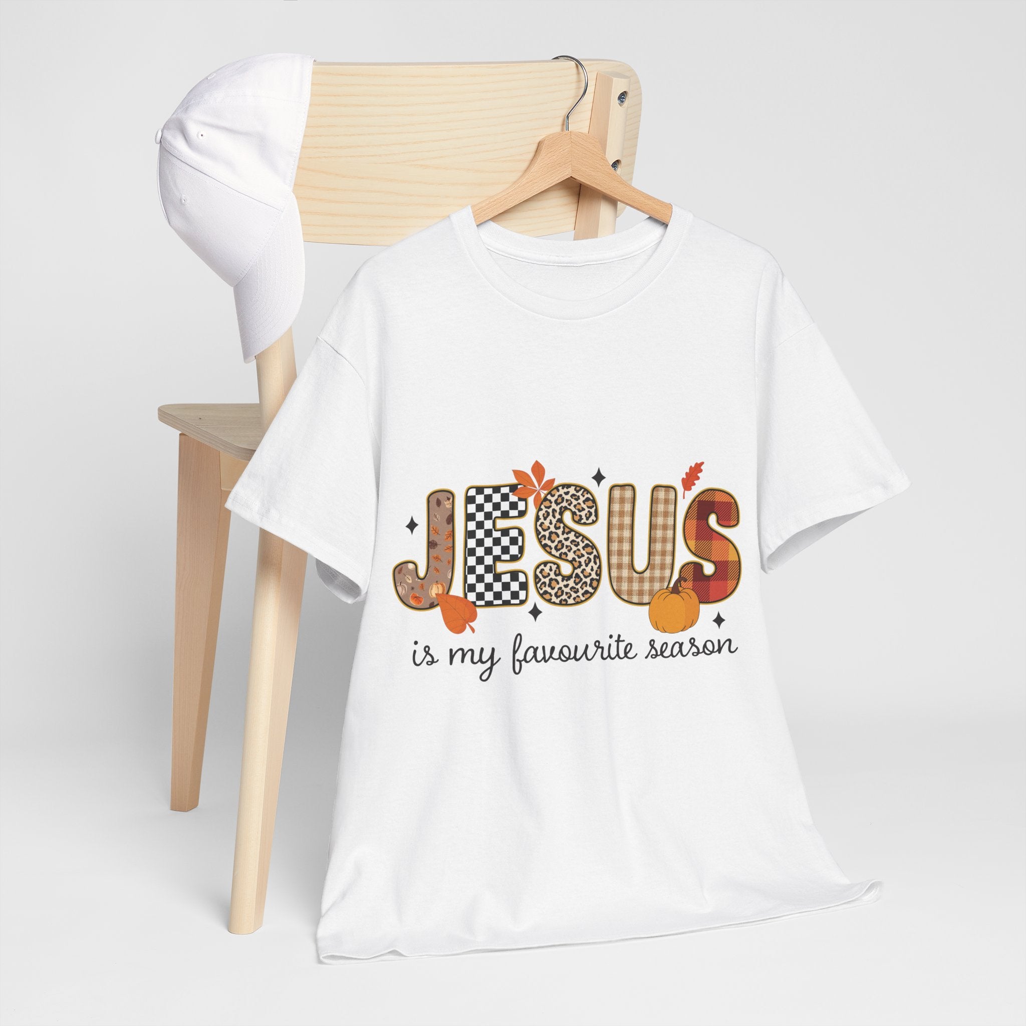 Jesus Is My Favorite Season Tee — Autumn Plaid & Leopard Lettering Unisex Cotton Tee