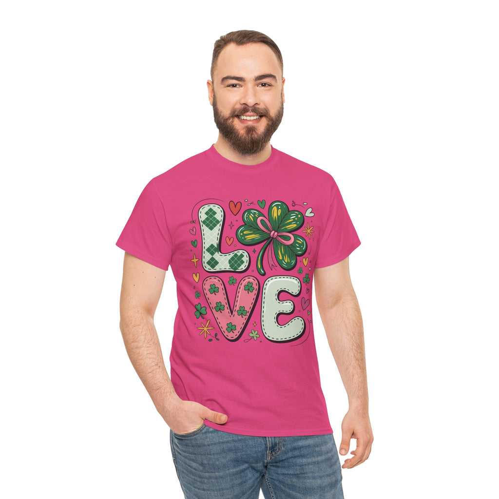 Stitched Clover 'LOVE' Tee — Heart & Patchwork St. Patrick's Unisex Cotton T-Shirt