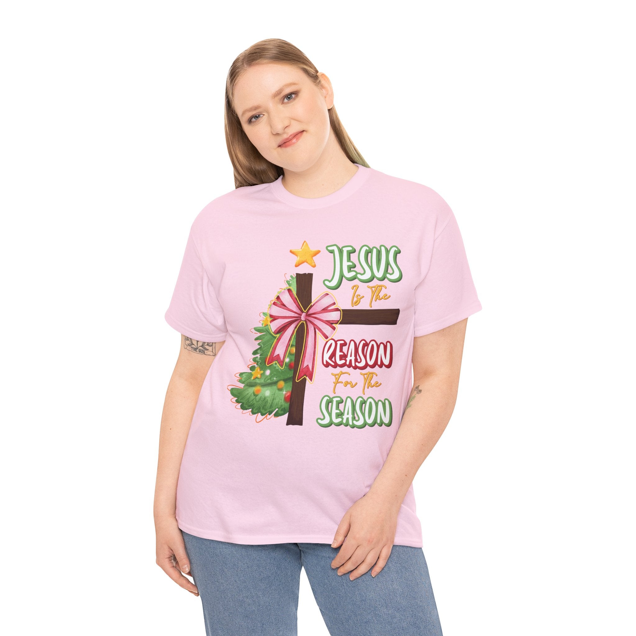 Jesus Is the Reason for the Season Christmas Tee — Cross with Pink Bow & Tree. Unisex Cotton Tee