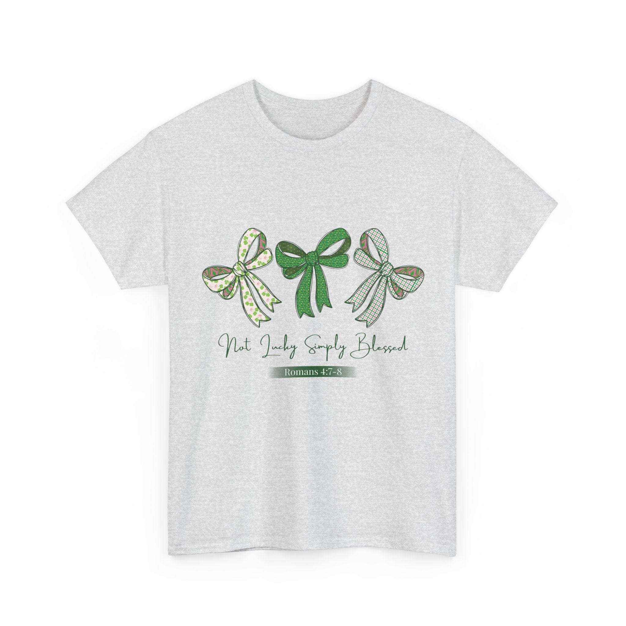 Not Lucky Simply Blessed Tee — Romans 4:7-8 Green Bow Christian Unisex Cotton T-Shirt