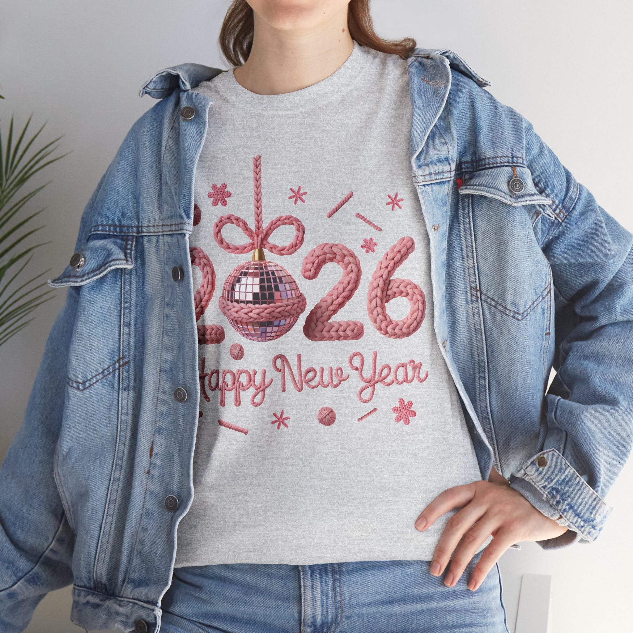 2026 Happy New Year Pink Knitted Disco Ball Unisex Cotton Tee