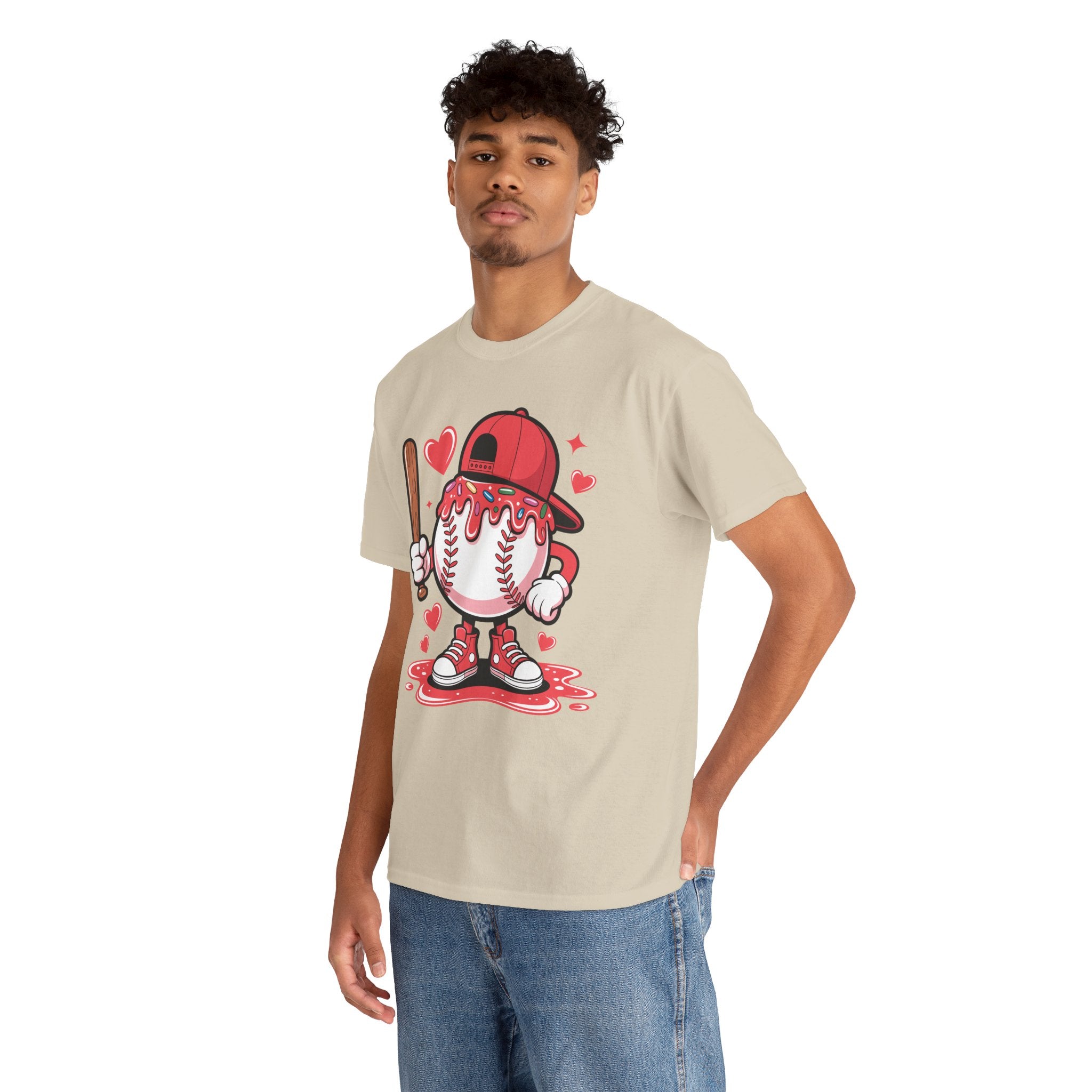 Cute Baseball Character T-Shirt — Red Cap & Icing Top Graphic with Hearts Unisex Cotton Tee