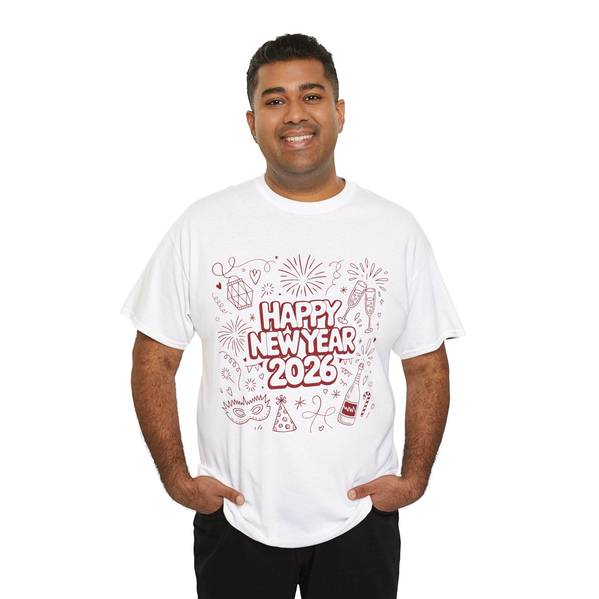 Happy New Year 2026 Doodle T-Shirt — Pink Party Icons & Champagne Unisex Cotton Tee