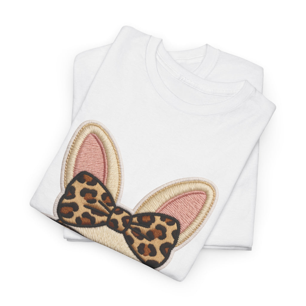 Leopard Bow Bunny Embroidered Tee — Cute Bunny Face with Glasses Patch Unisex Cotton Tee