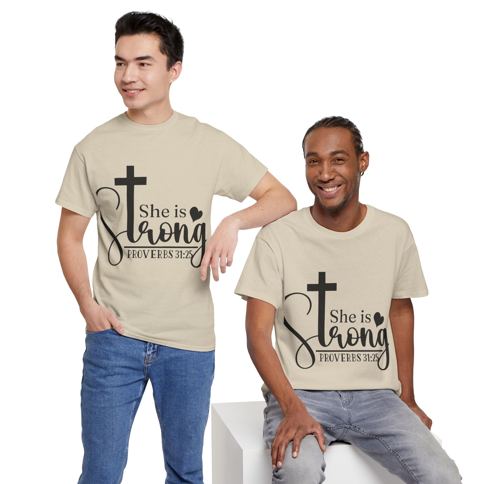 Proverbs 31:25 'She is Strong' T-Shirt – Christian Cross & Heart Unisex Cotton Tee