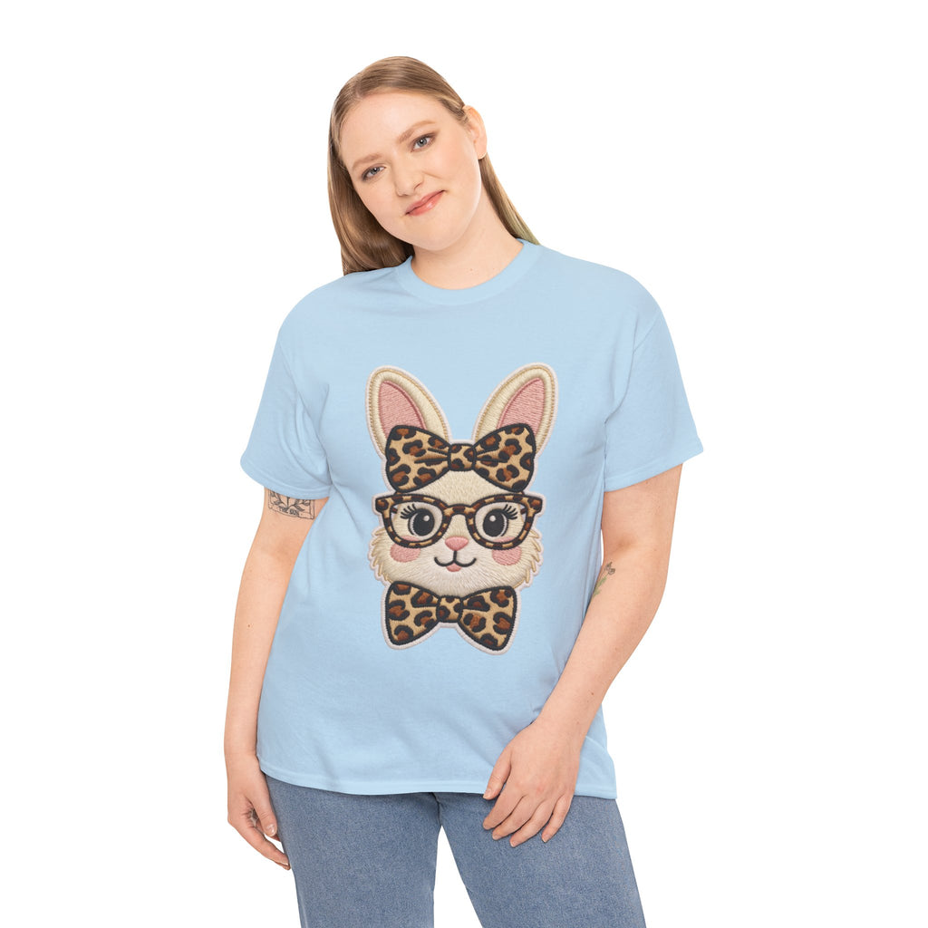 Leopard Bow Bunny Embroidered Tee — Cute Bunny Face with Glasses Patch Unisex Cotton Tee
