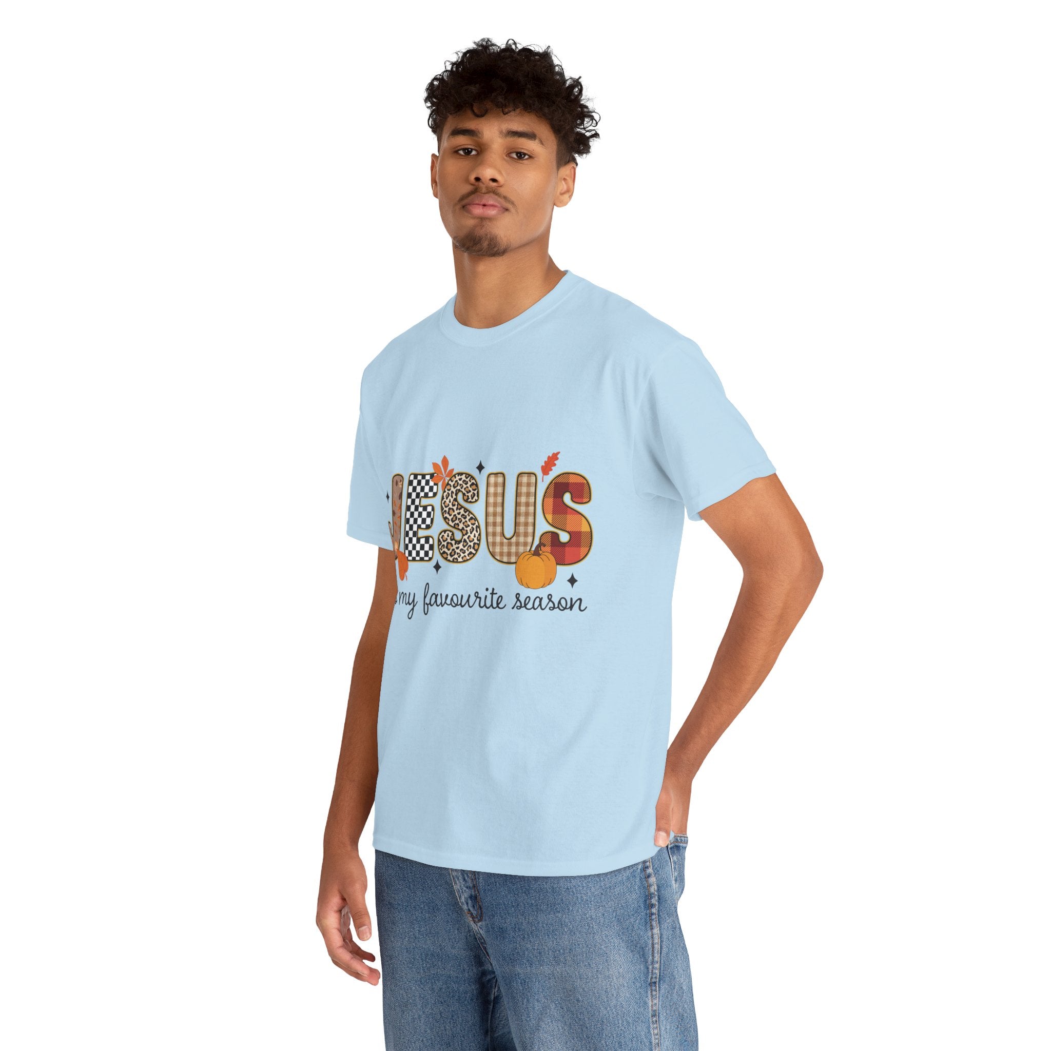 Jesus Is My Favorite Season Tee — Autumn Plaid & Leopard Lettering Unisex Cotton Tee