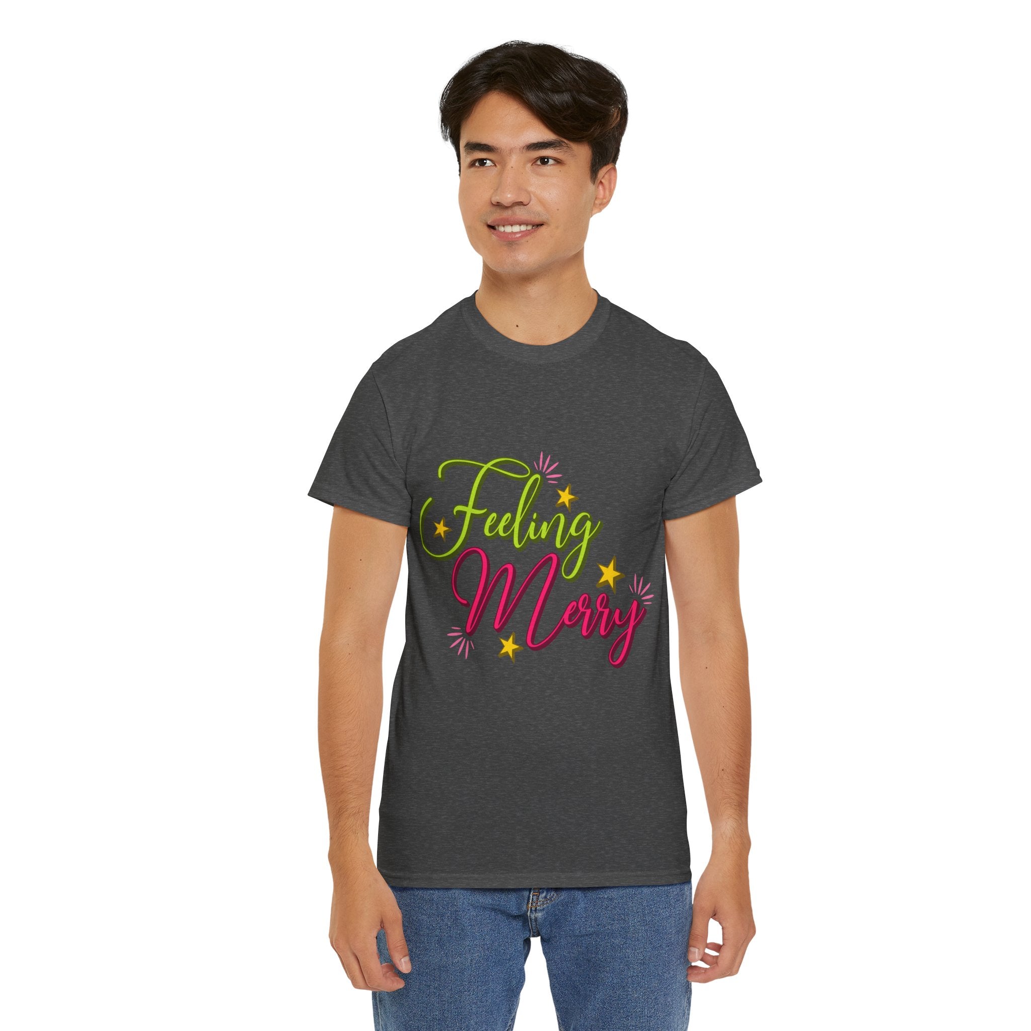 Feeling Merry T-Shirt — Bright Green & Pink Holiday Tee with Stars.Unisex Cotton Tee