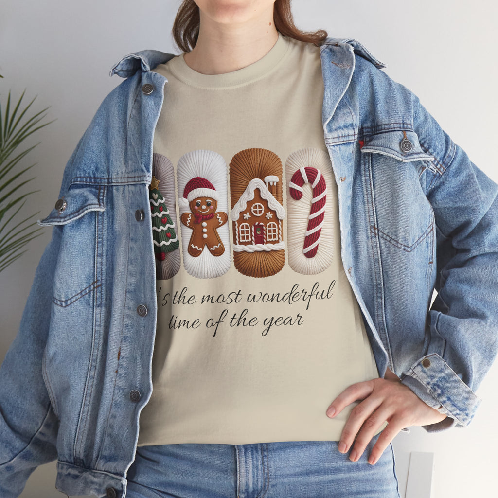 Christmas Faux-Yarn Tree Tee — Gingerbread House & Candy Cane Holiday Unisex Cotton T-Shirt