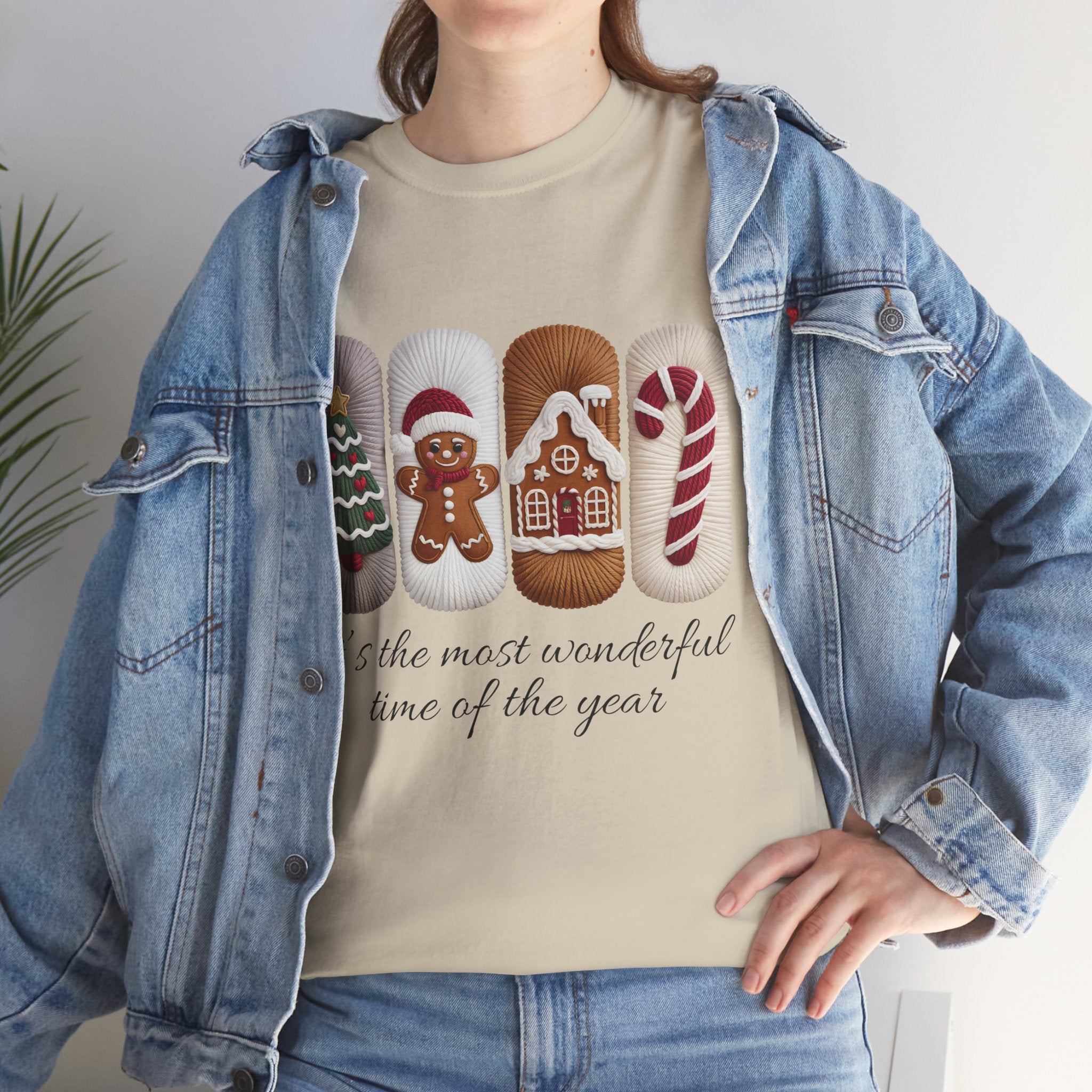 Christmas Faux-Yarn Tree Tee — Gingerbread House & Candy Cane Holiday Unisex Cotton T-Shirt