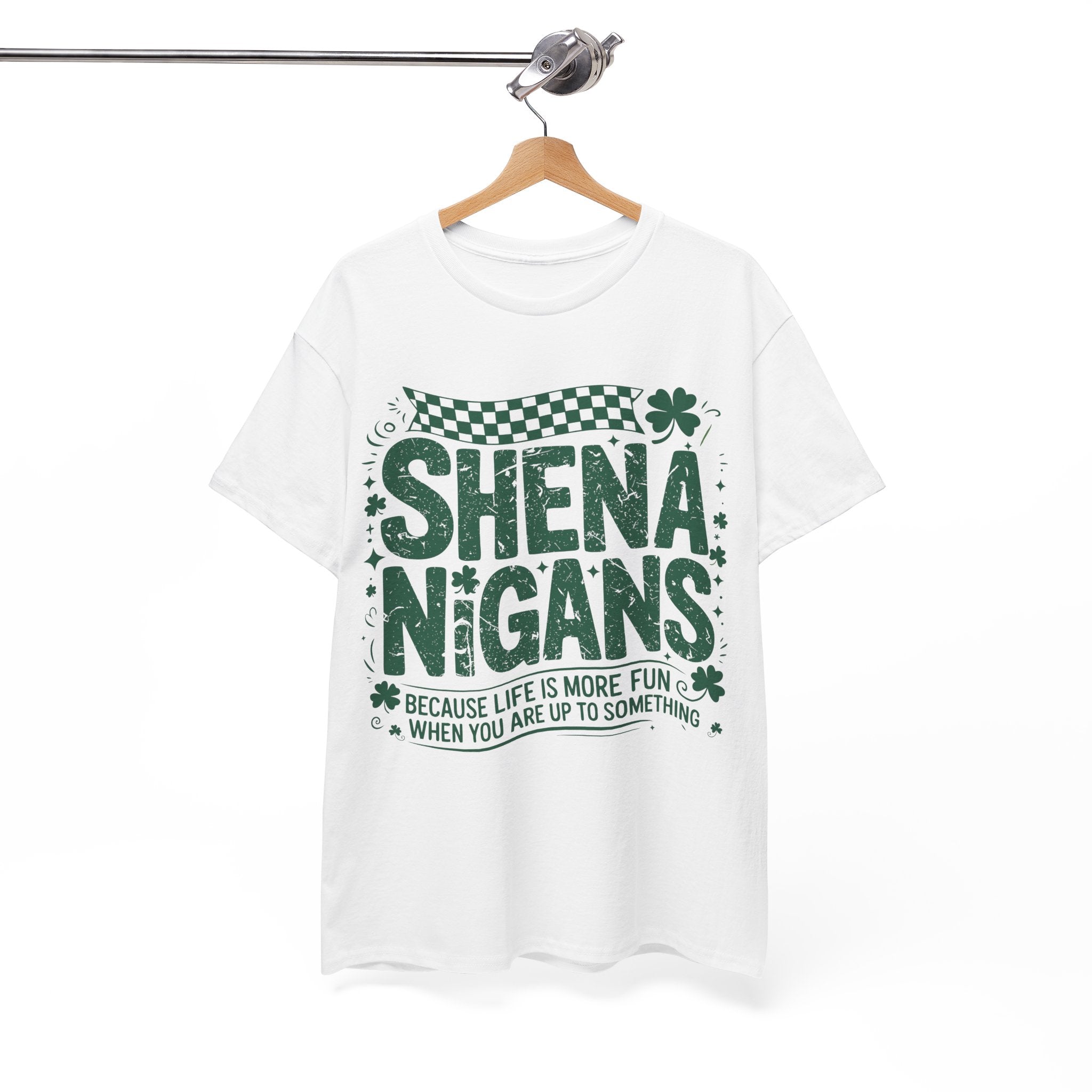 Shenanigans Clover Tee — Bright Green St. Patrick’s Day Shirt with Checkered Flag Unisex Cotton Tee