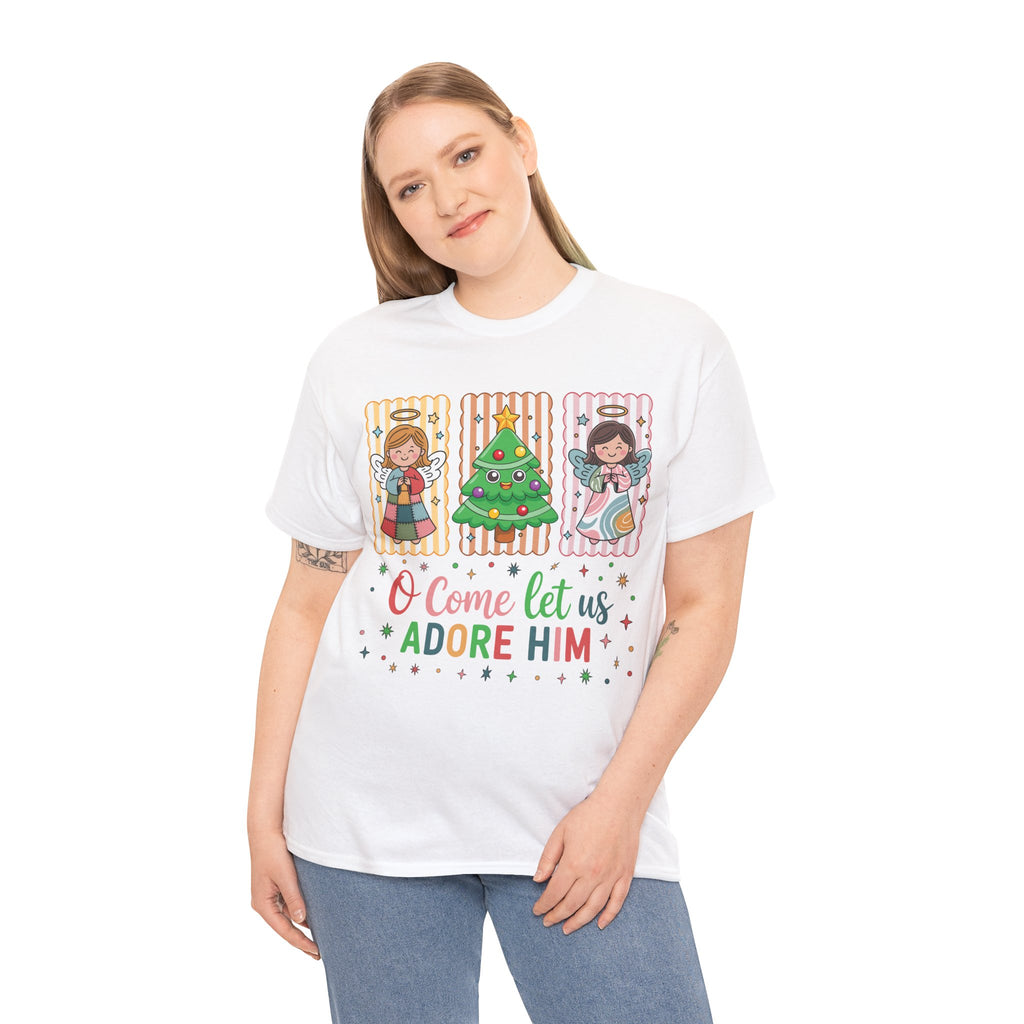 O Come Let Us Adore Him Christmas Tee — Smiling Angels & Happy Tree..Unisex Cotton Tee