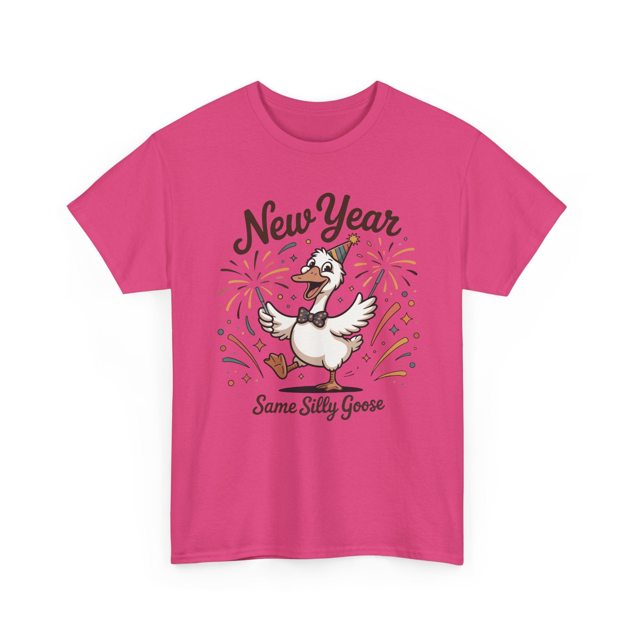 Happy Goose New Year T-Shirt — Party Hat, Fireworks & Confetti Unisex Cotton Tee