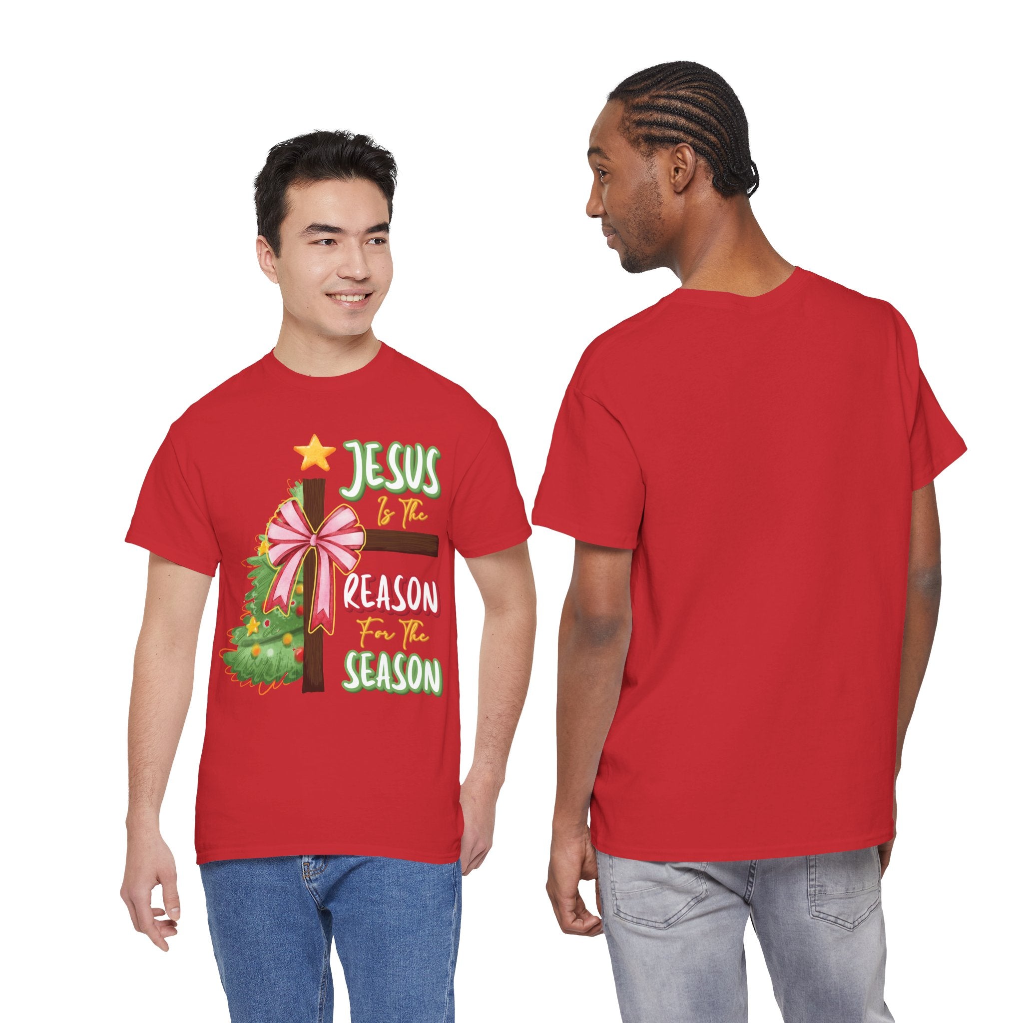 Jesus Is the Reason for the Season Christmas Tee — Cross with Pink Bow & Tree. Unisex Cotton Tee