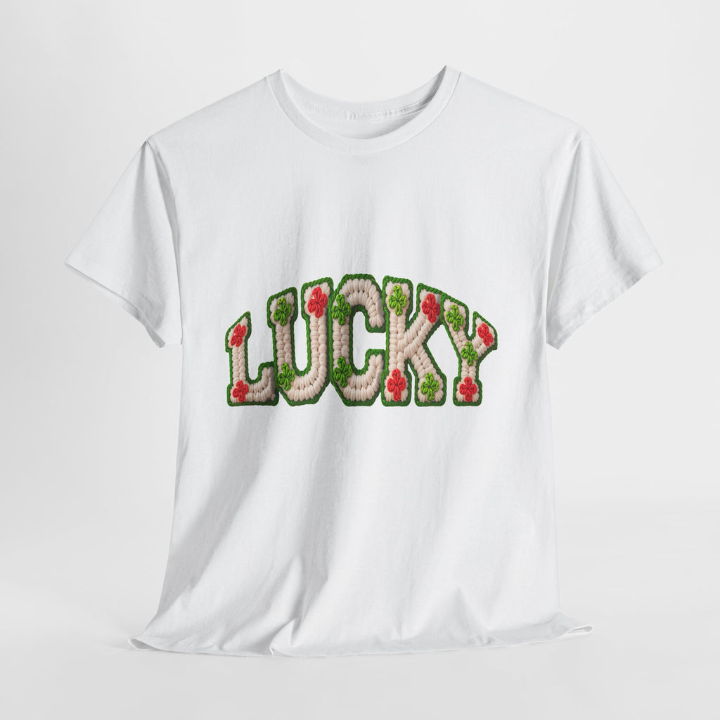 Lucky Crochet Clover T-Shirt — Faux-Yarn Embroidered St. Patrick’s Unisex Cotton Tee