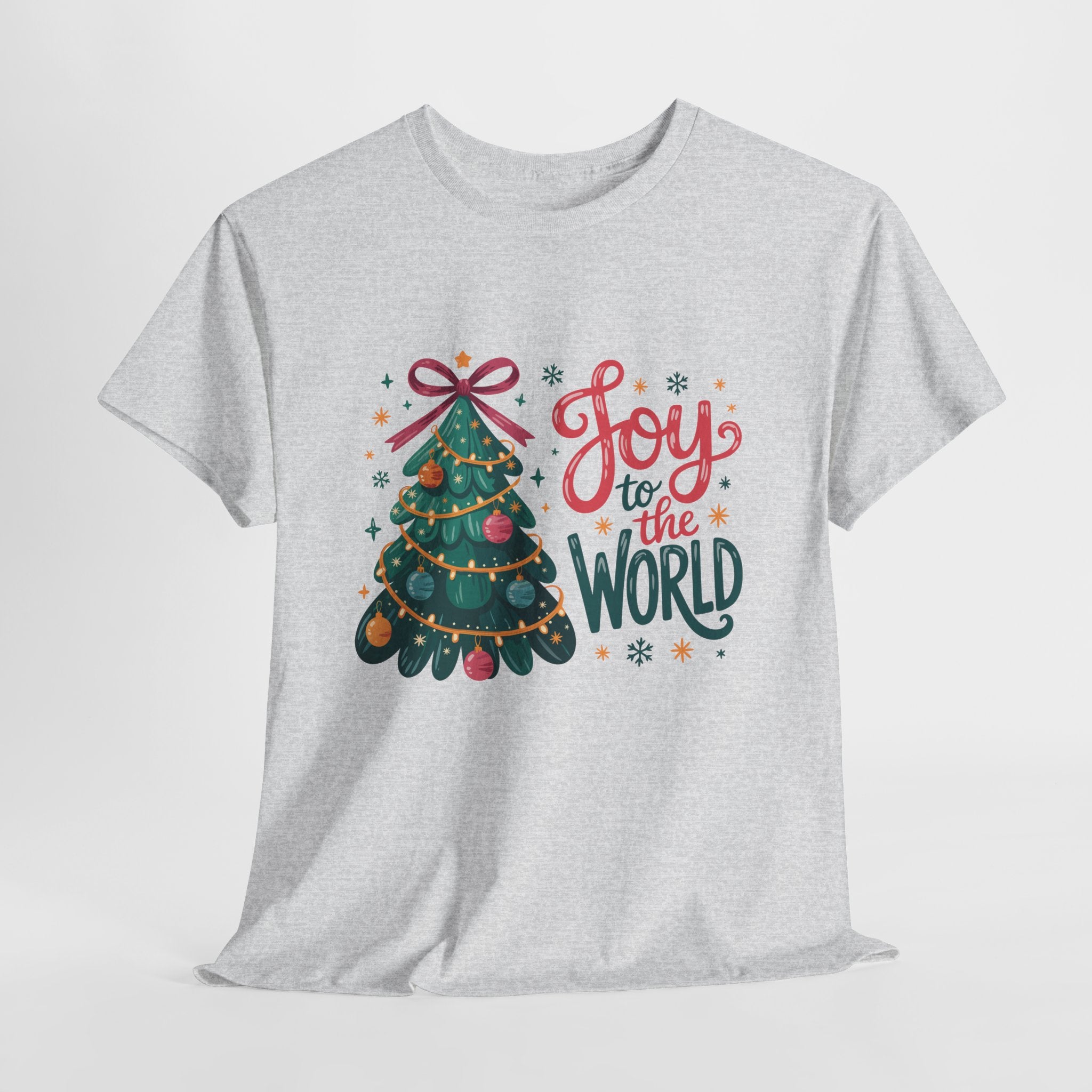 Joy to the World Christmas Tee — Festive Tree with Pink Bow..Unisex Cotton Tee