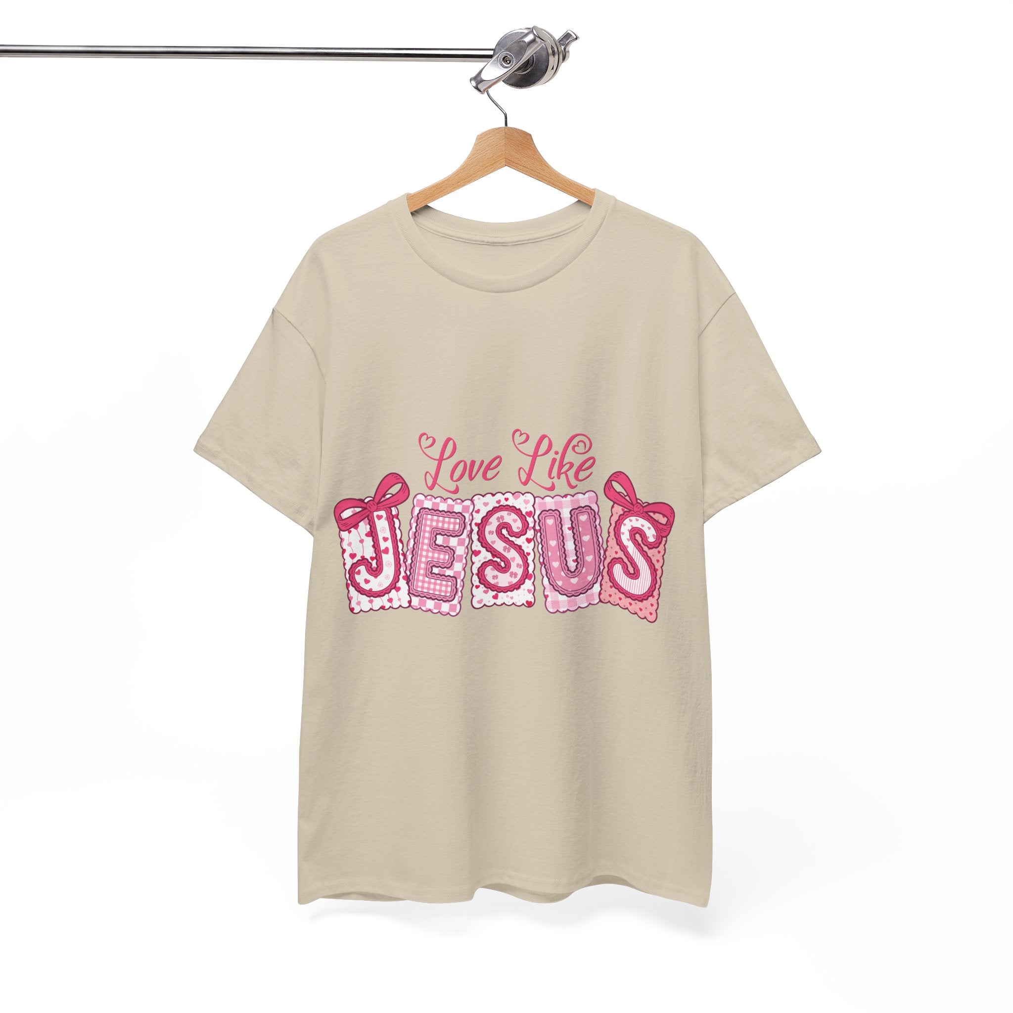 Love Like Jesus Patchwork Tee — Pink Stitched Heart Graphic.Unisex Cotton Tee