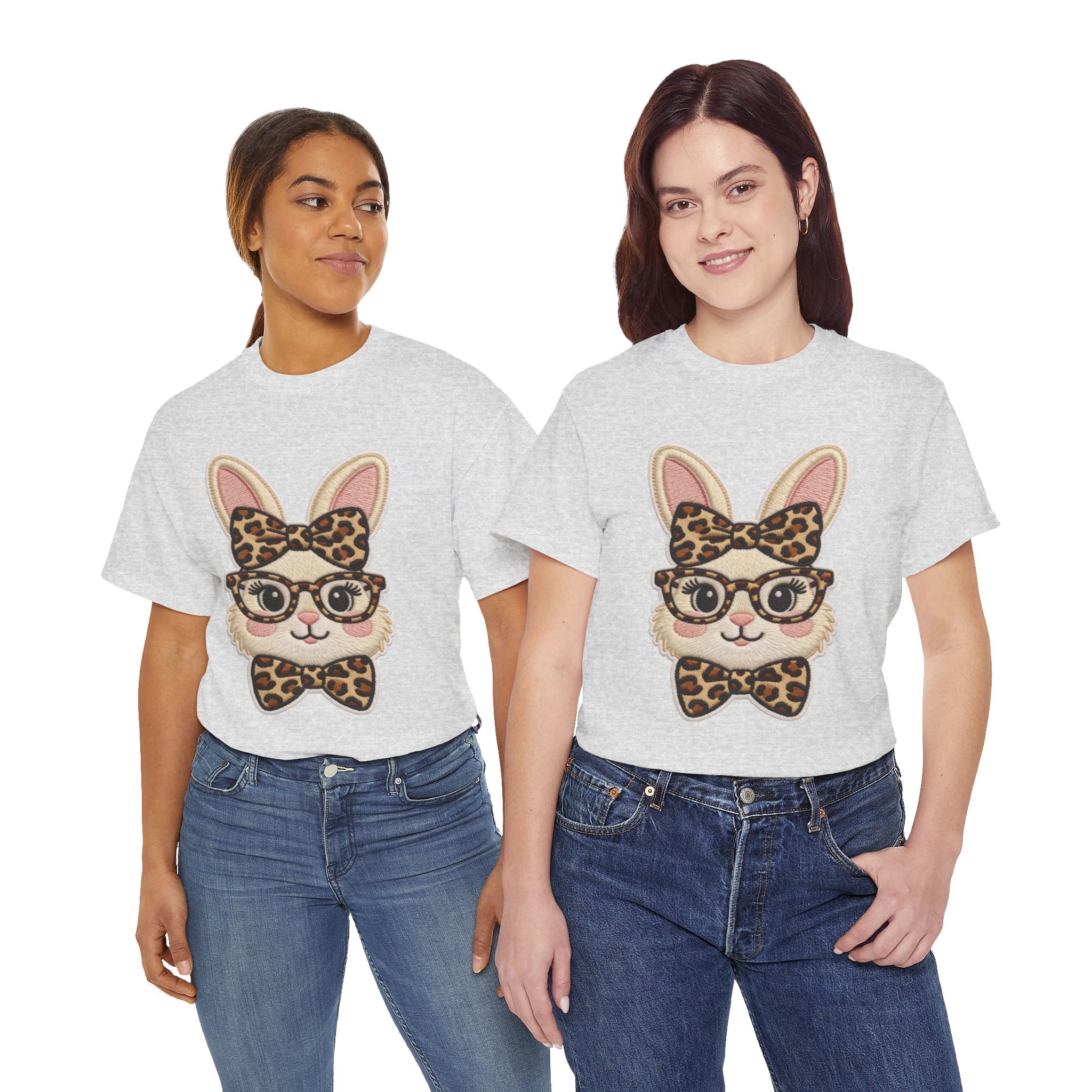 Leopard Bow Bunny Embroidered Tee — Cute Bunny Face with Glasses Patch Unisex Cotton Tee