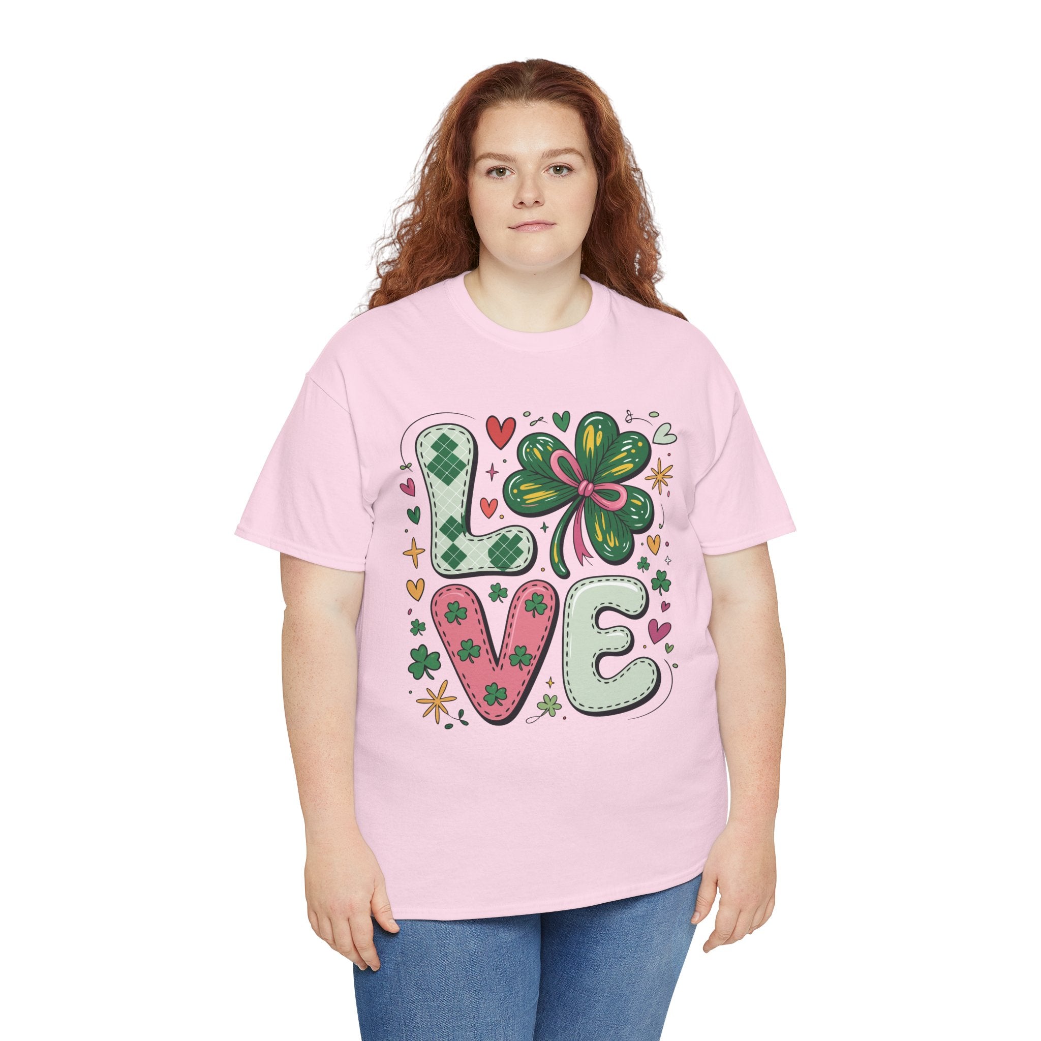Stitched Clover 'LOVE' Tee — Heart & Patchwork St. Patrick's Unisex Cotton T-Shirt