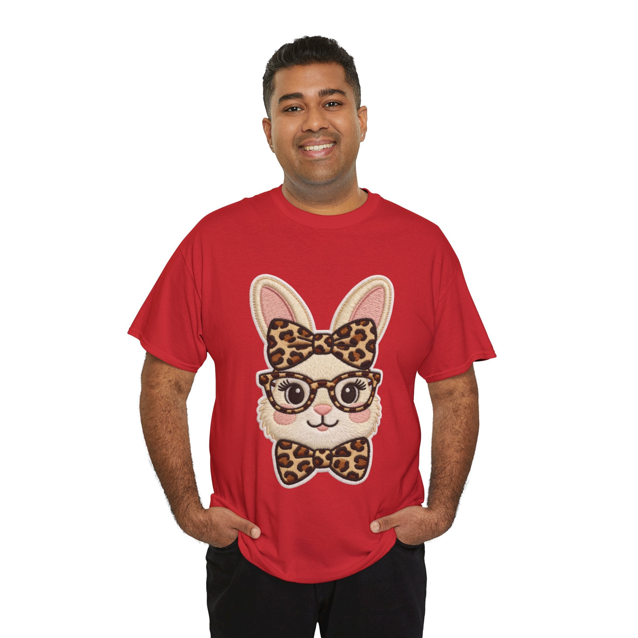 Leopard Bow Bunny Embroidered Tee — Cute Bunny Face with Glasses Patch Unisex Cotton Tee