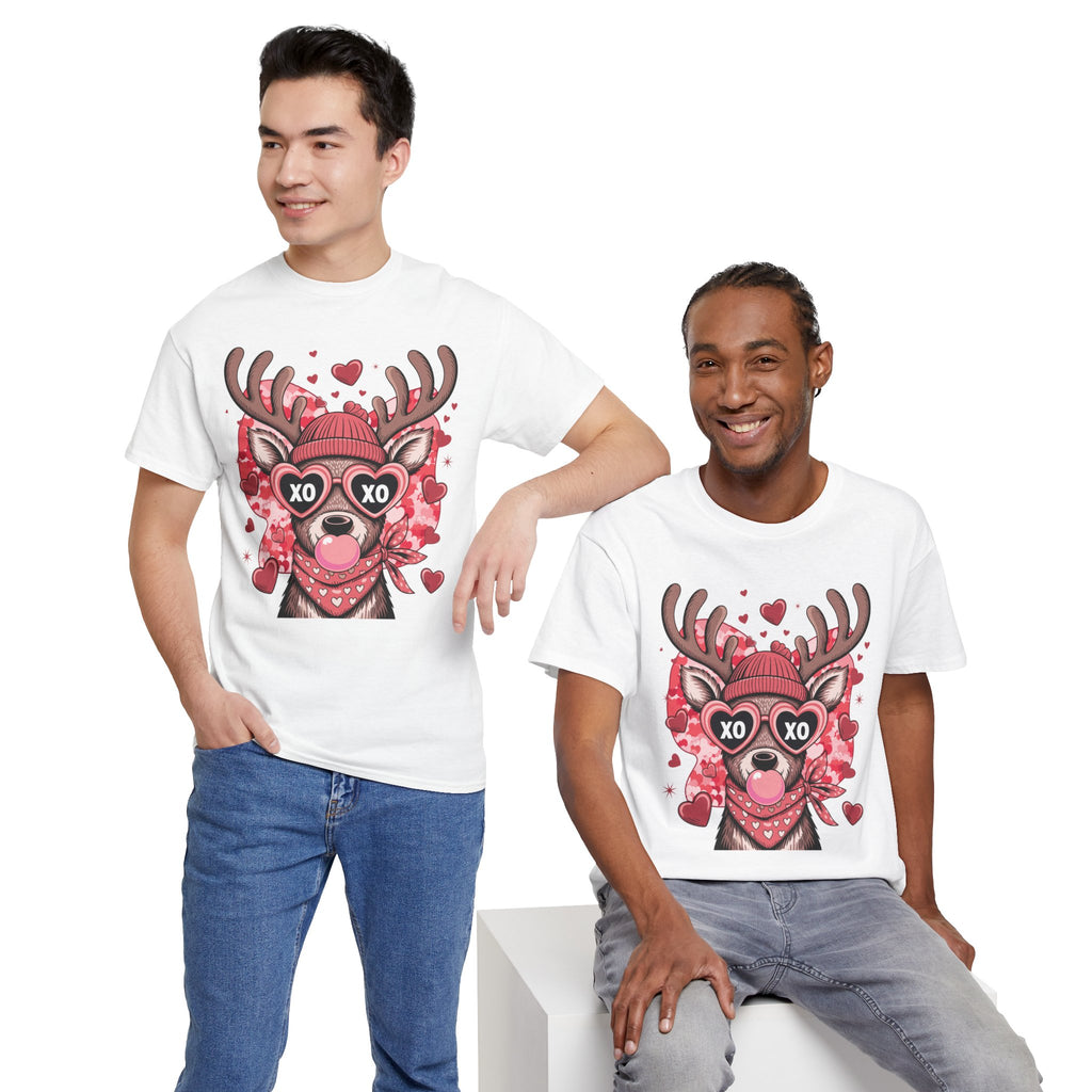 Valentine Deer Tee — Cute XO Heart Glasses, Beanie & Scarf Unisex Cotton Tshirt