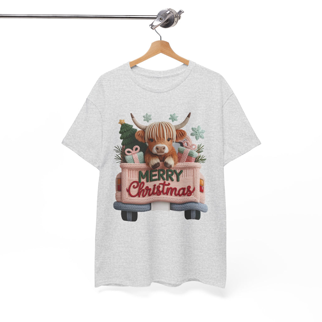 Merry Christmas Highland Cow Knit Truck Unisex Cotton T-Shirt