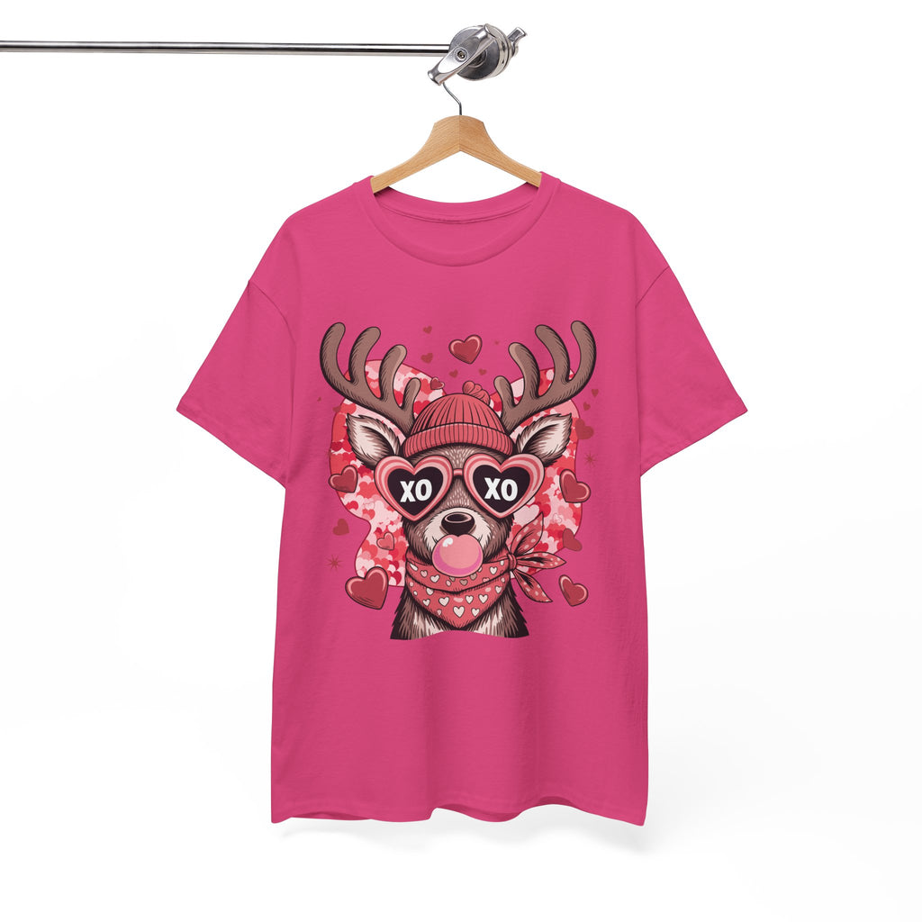 Valentine Deer Tee — Cute XO Heart Glasses, Beanie & Scarf Unisex Cotton Tshirt