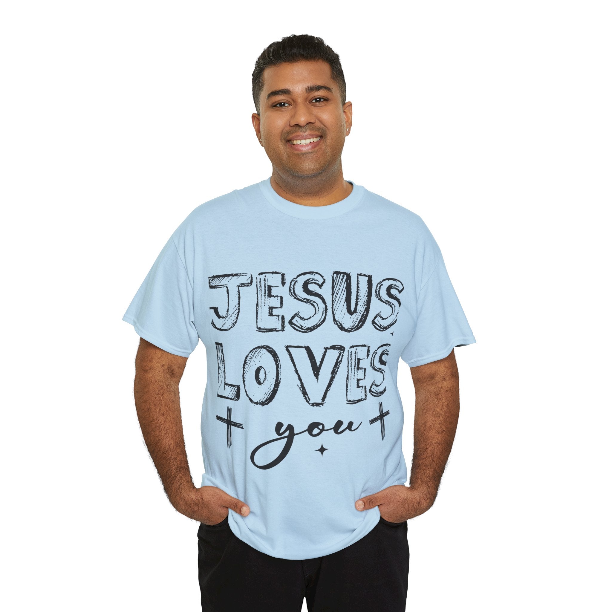 Jesus Loves You Chalk-Style Tee — Crosses & Stars Christian UNisex Cotton T-Shirt