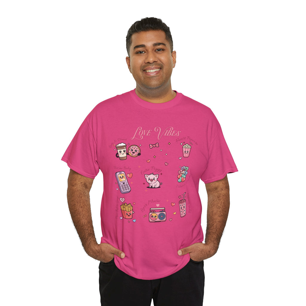 Love Vibes Kawaii Valentine T-Shirt — Cute Donut, Coffee & Piglet Design Unisex Cotton Tee