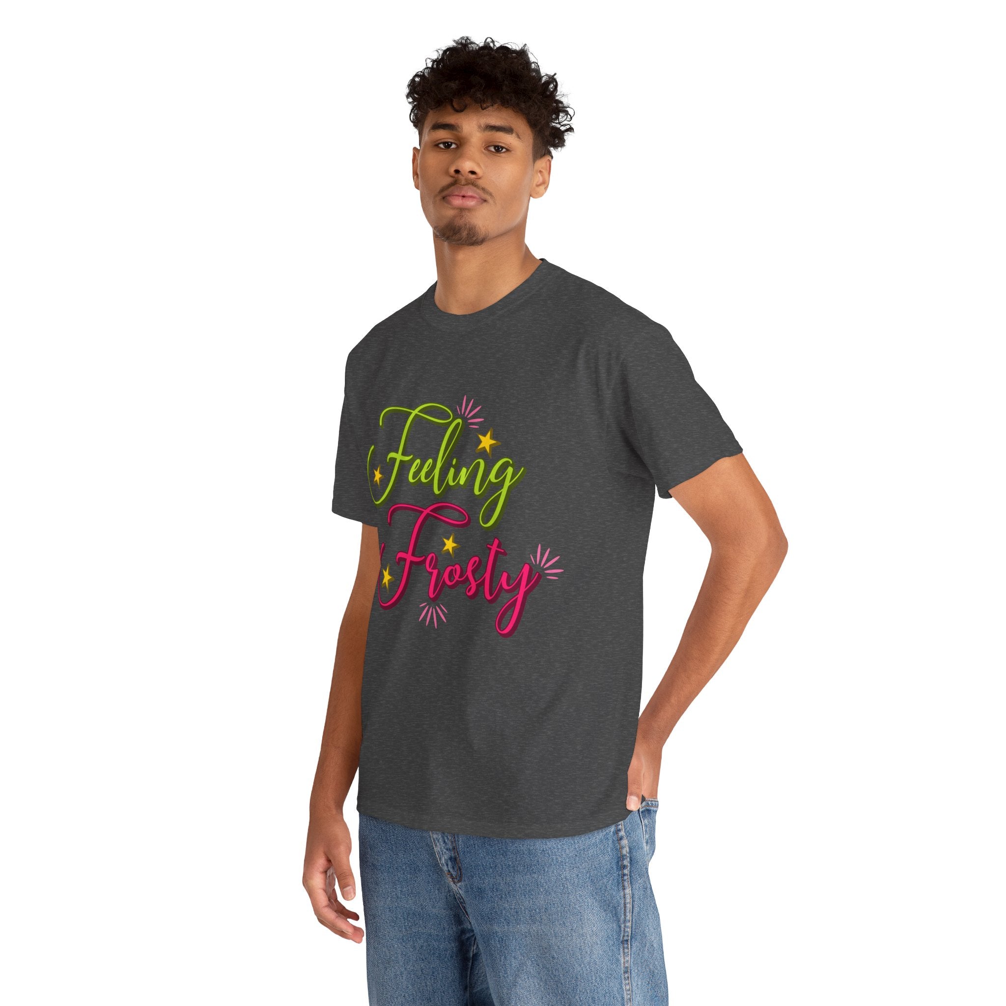 Feeling Frosty Holiday T-Shirt — Green & Pink Script Stars.Unisex Cotton Tee