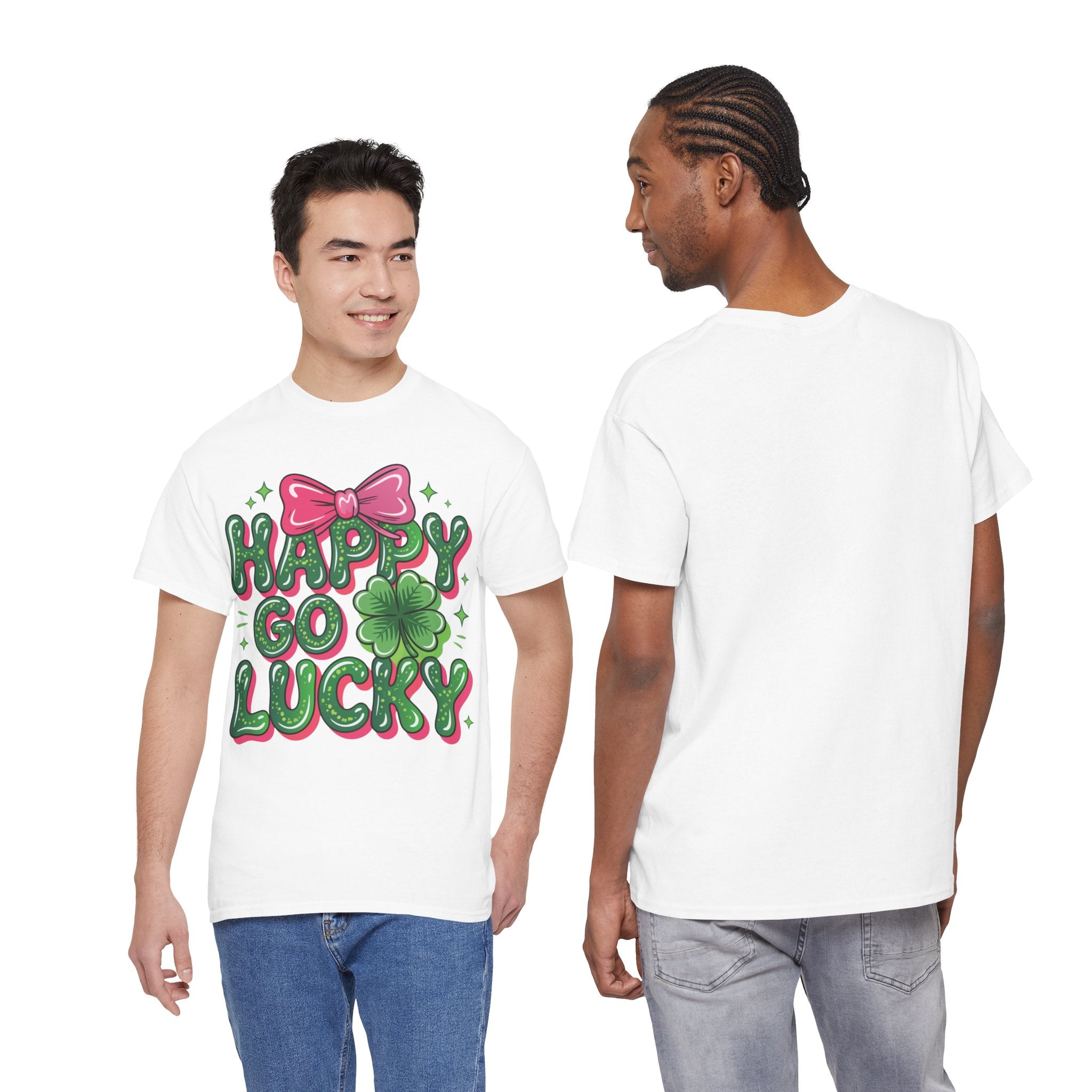 Happy Go Lucky Four-Leaf Clover Tee — Glossy Green Letters & Pink Bow Unisex Cotton Tee