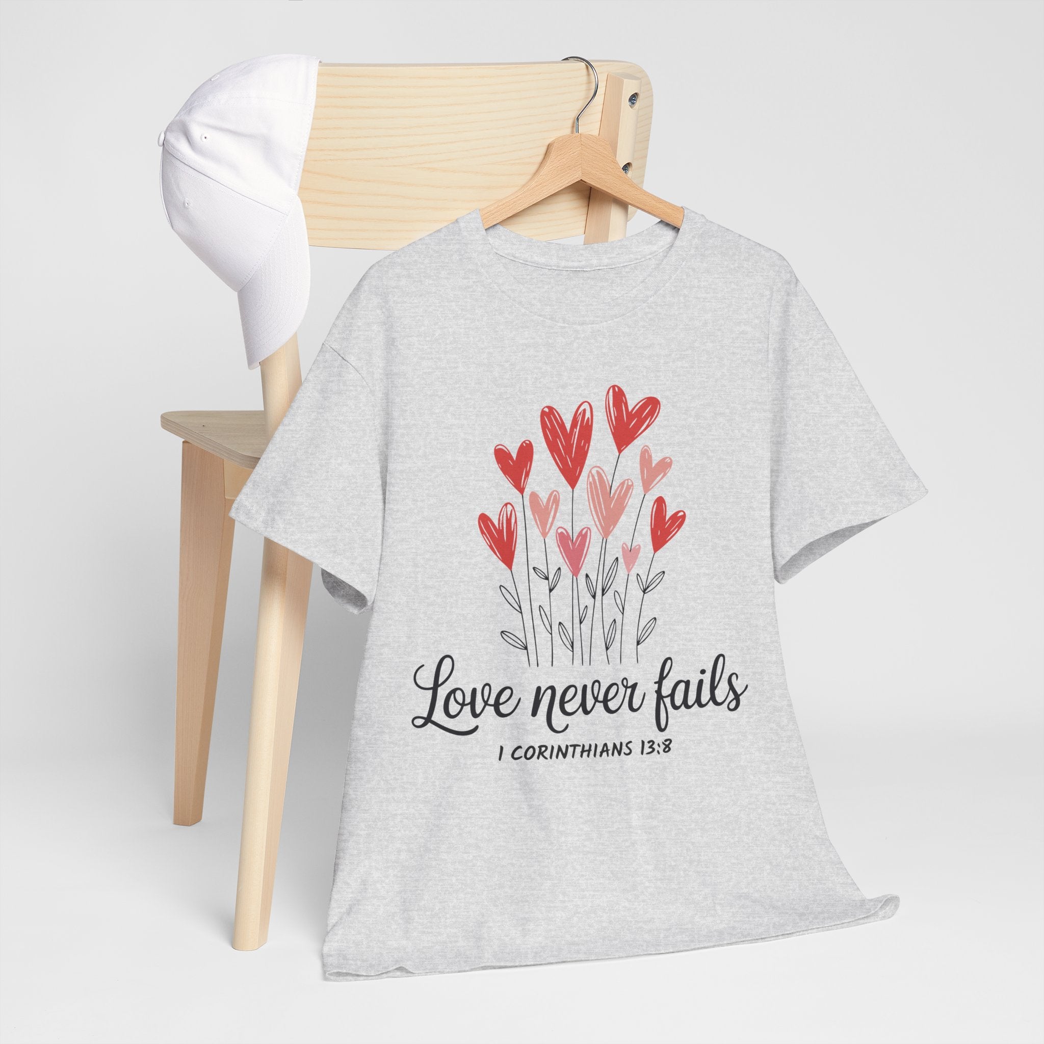 Christian Valentine T-Shirt — "Love Never Fails" (1 Corinthians 13:8) Unisex Cotton Tee