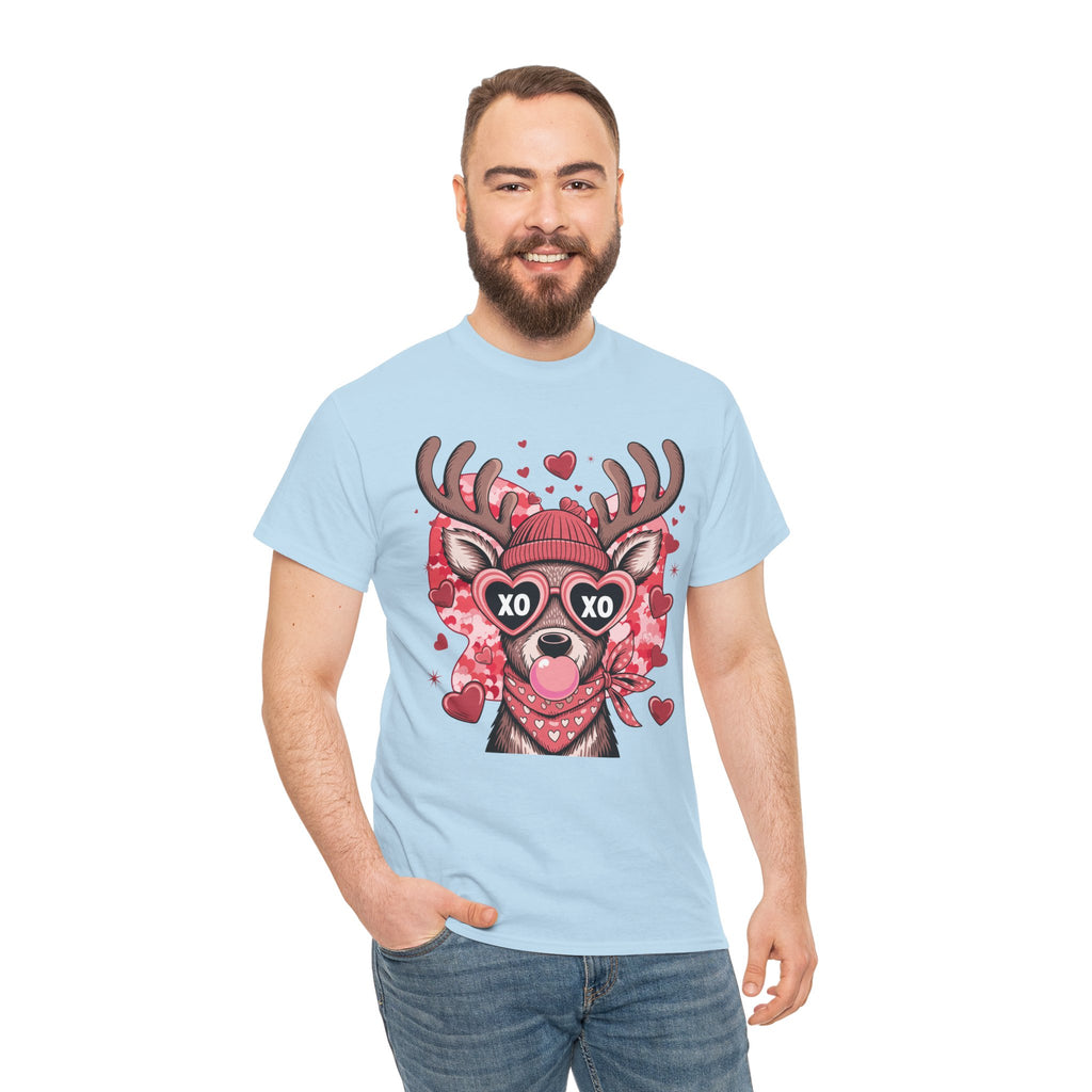 Valentine Deer Tee — Cute XO Heart Glasses, Beanie & Scarf Unisex Cotton Tshirt