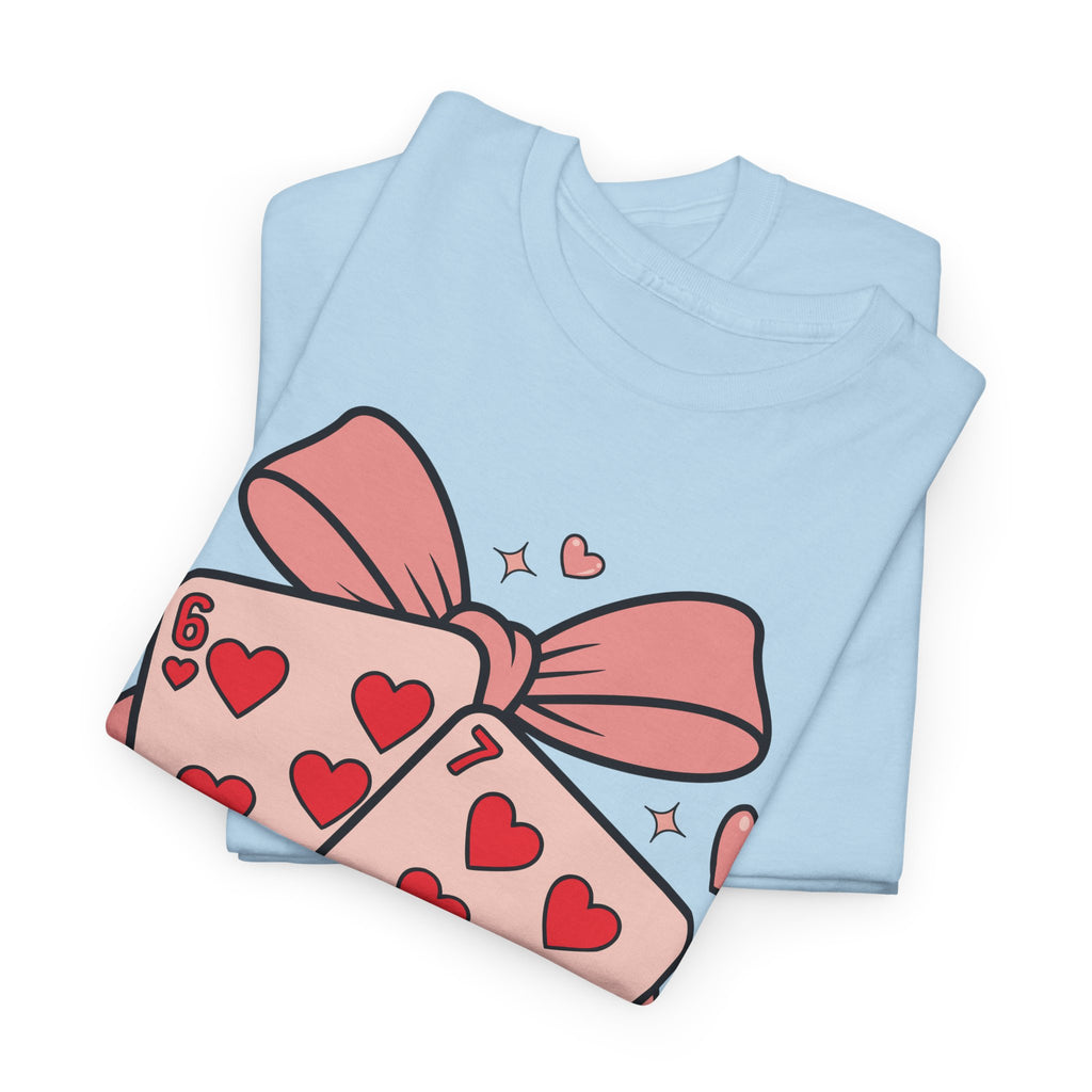 6 & 7 of Hearts T-Shirt — Paired Playing Cards with Pink Bow Unisex Cotton Tee