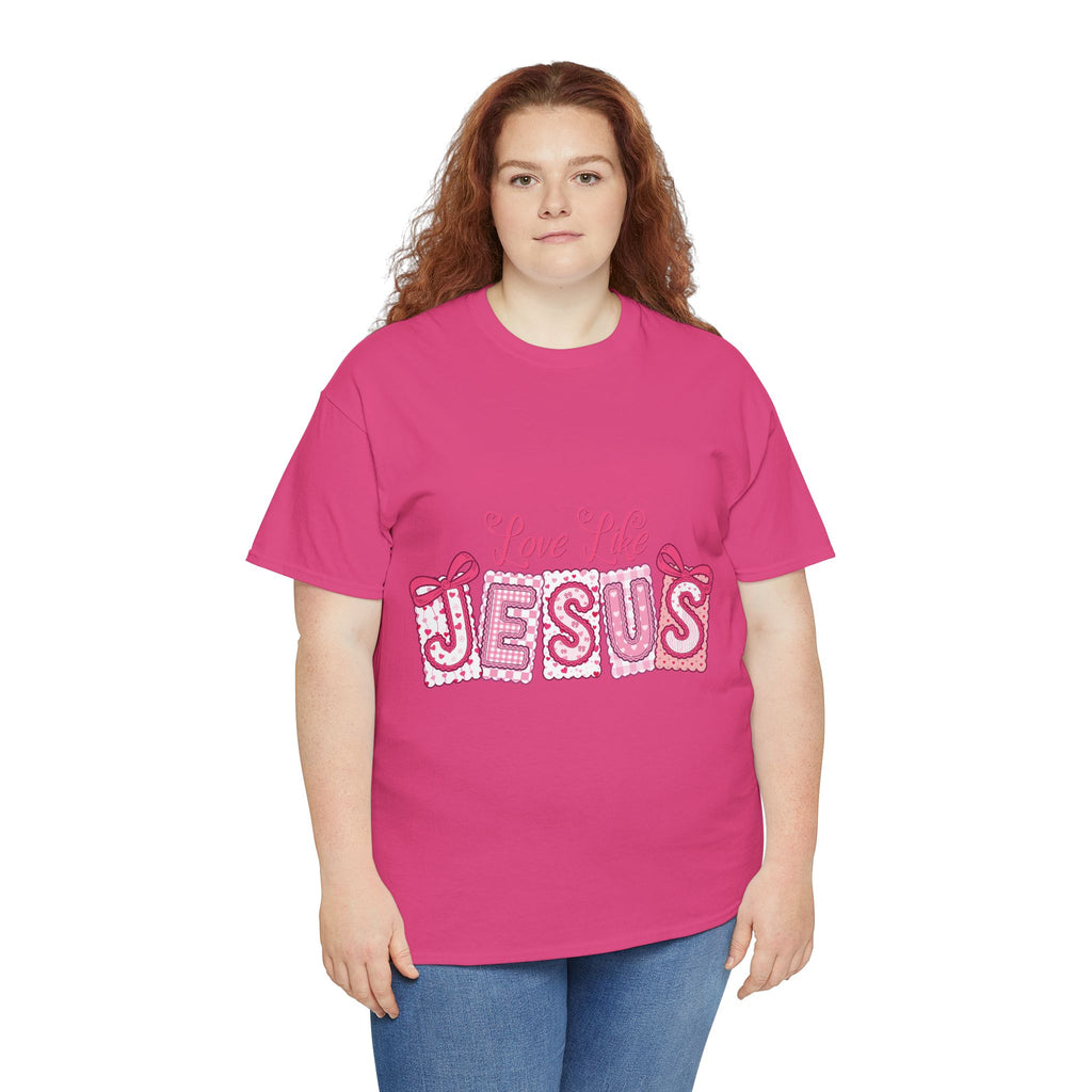 Love Like Jesus Patchwork Tee — Pink Stitched Heart Graphic.Unisex Cotton Tee