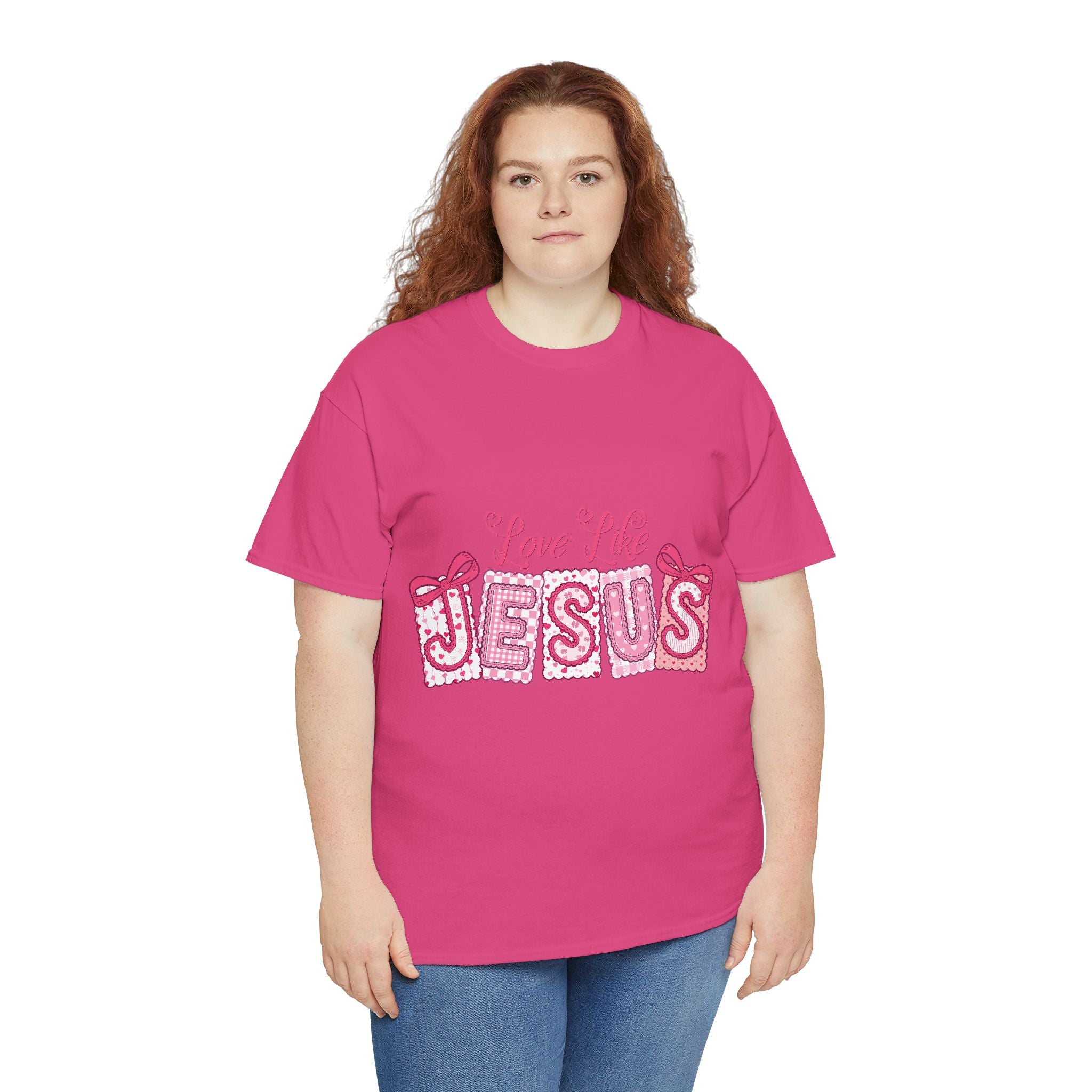 Love Like Jesus Patchwork Tee — Pink Stitched Heart Graphic.Unisex Cotton Tee
