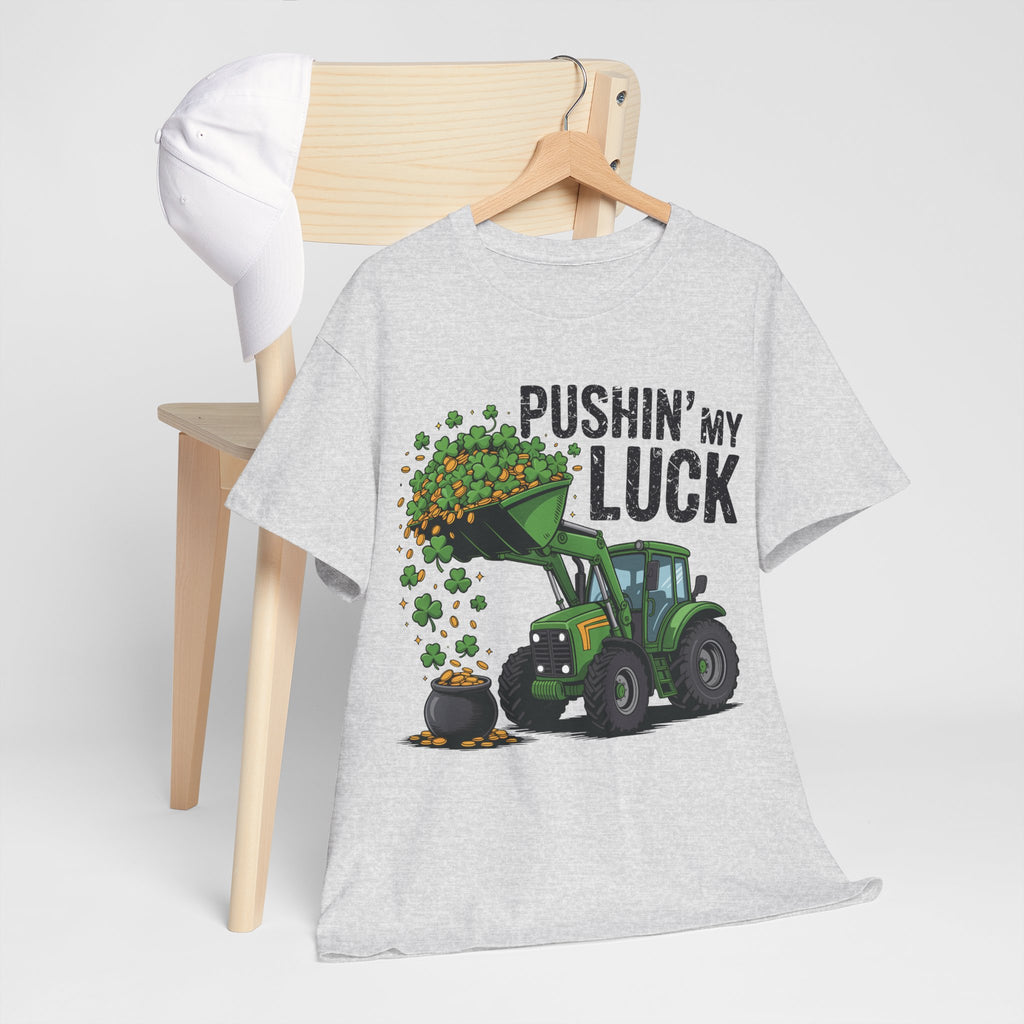 Pushin' My Luck Shamrock Tractor Tee — St. Patrick's Day Unisex Cotton T-Shirt