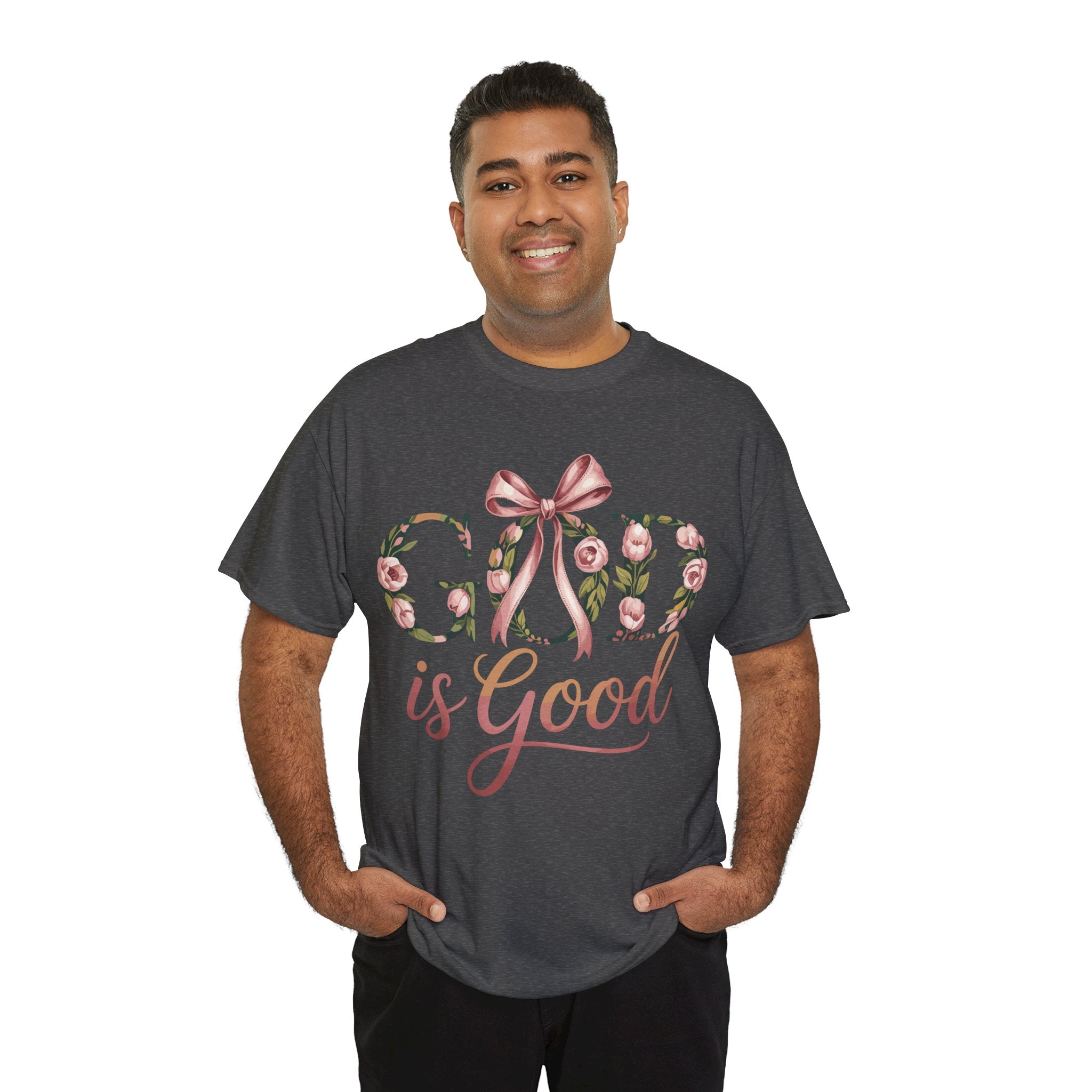 God Is Good Pink Rose Tee — Floral Ribbon Faith Unisex Cotton T-Shirt