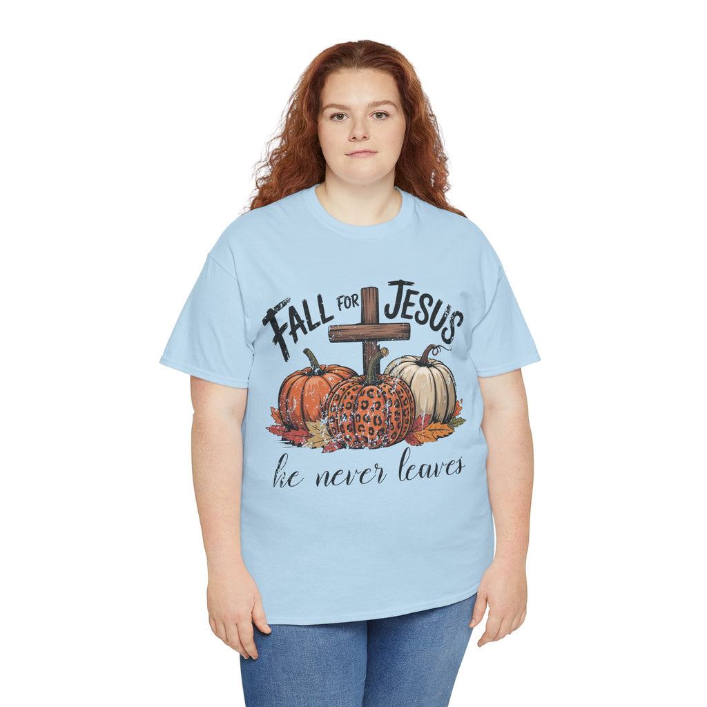Fall for Jesus Pumpkin Cross Tee — "He Never Leaves" Autumn Christian Unisex Cotton T-Shirt