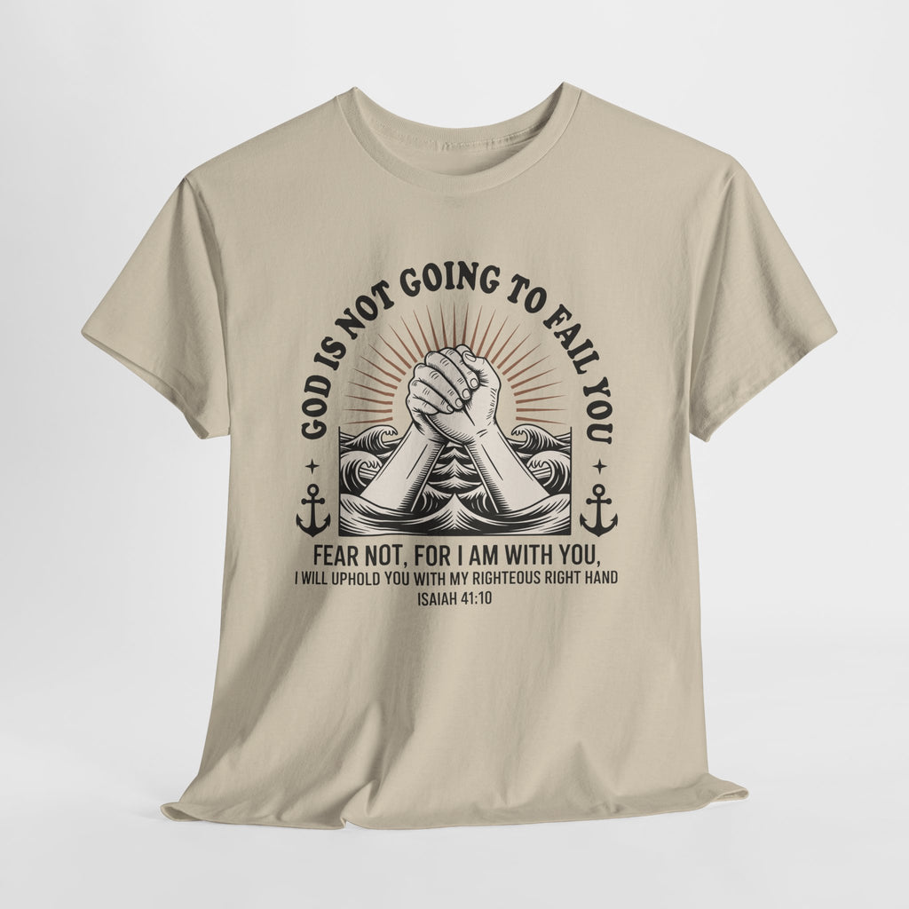 Isaiah 41:10 "Fear Not, For I Am With You" T-Shirt — Clasped Hands Rising from Waves Christian Unisex Cotton Tee
