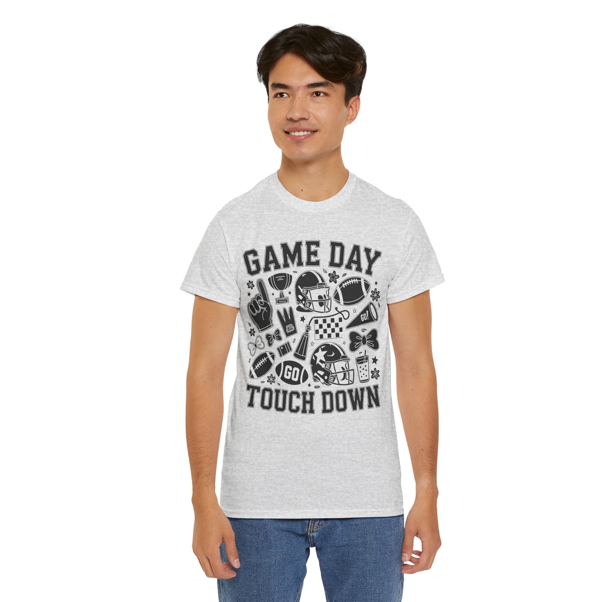 Game Day Touch Down Football T‑Shirt — Helmet & Cheer Monochrome Design Unisex Cotton Tee