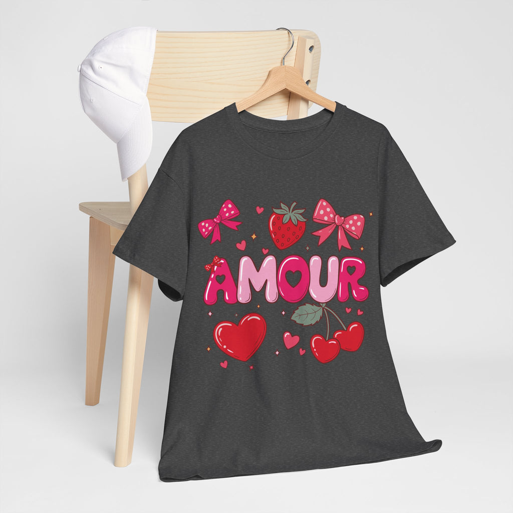 Amour Pink Hearts Tee — Shiny Lettering with Bows, Cherries & Strawberry Accent...Unisex Cotton Tee